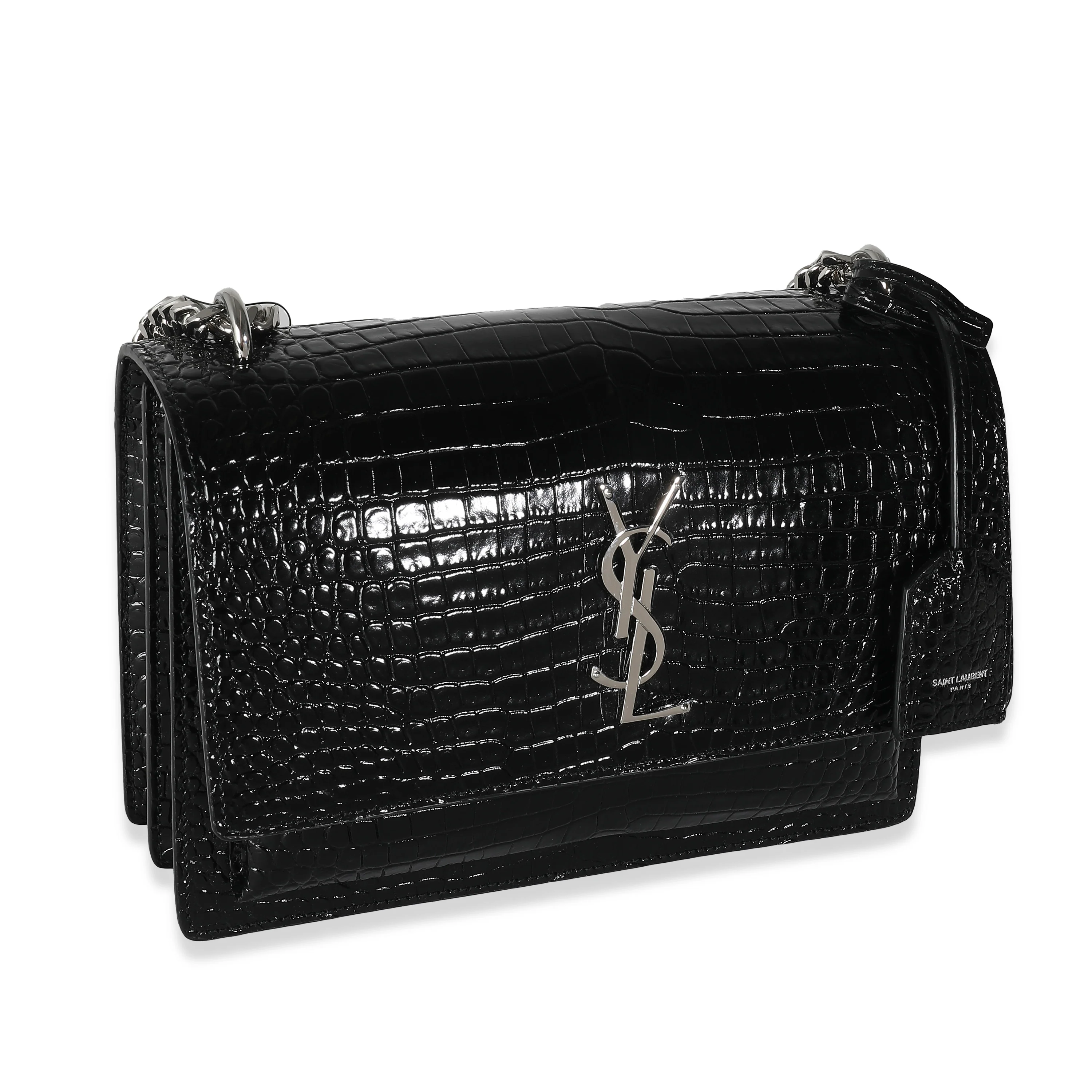 Shiny Black Croc Embossed Medium Sunset Bag - Image 3