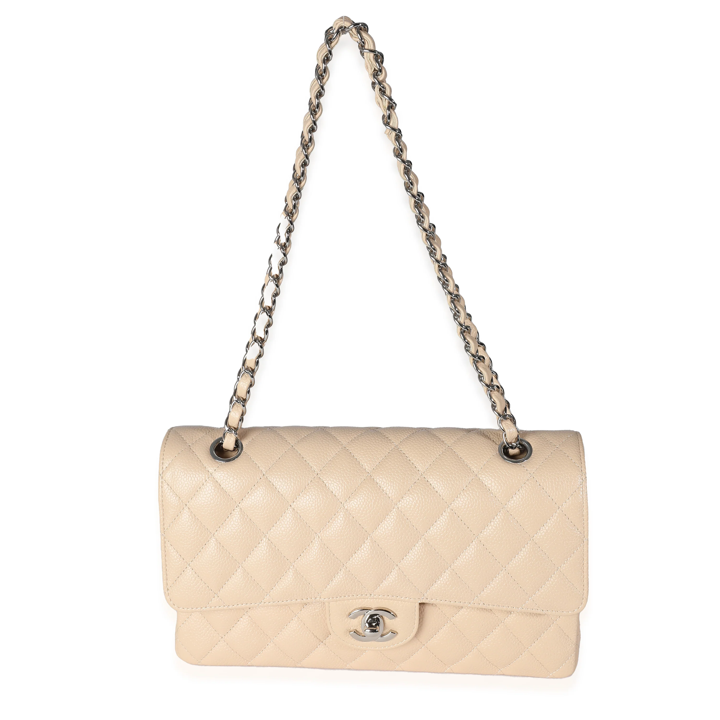 Beige Quilted Caviar Medium Classic Double Flap Handbag - Image 8