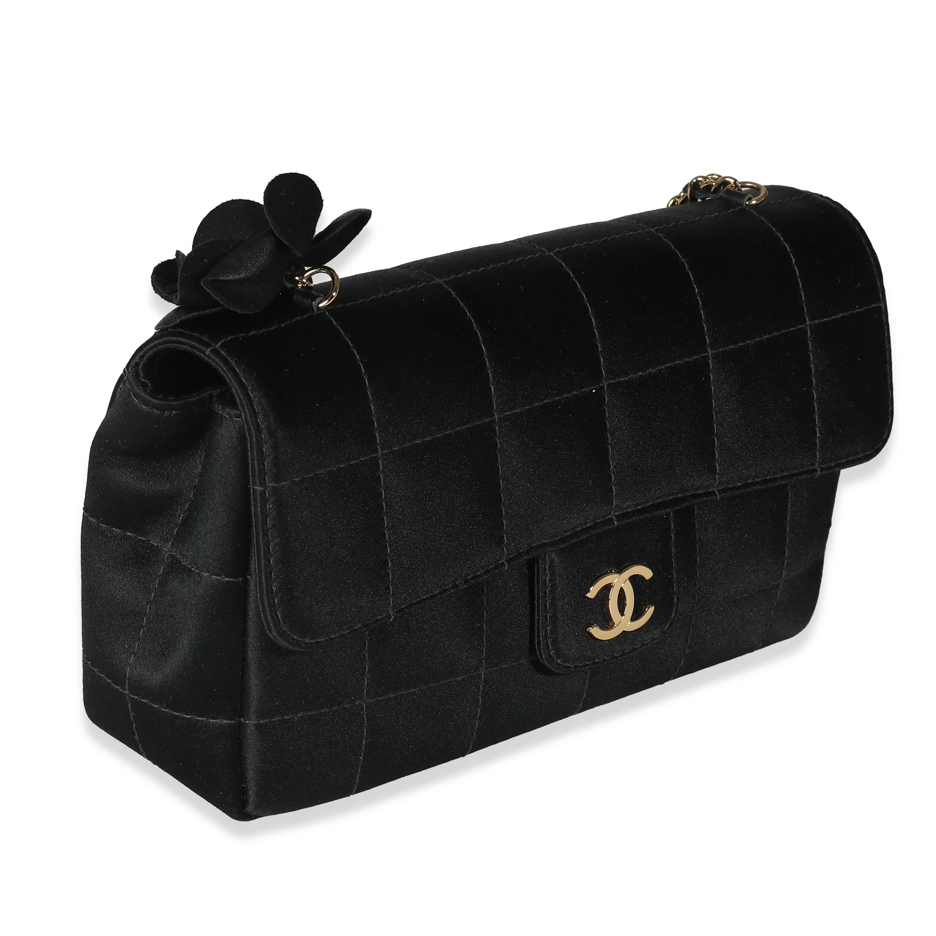 Black Quilted Satin Mini Chocolate Bar Flap Bag - Image 4