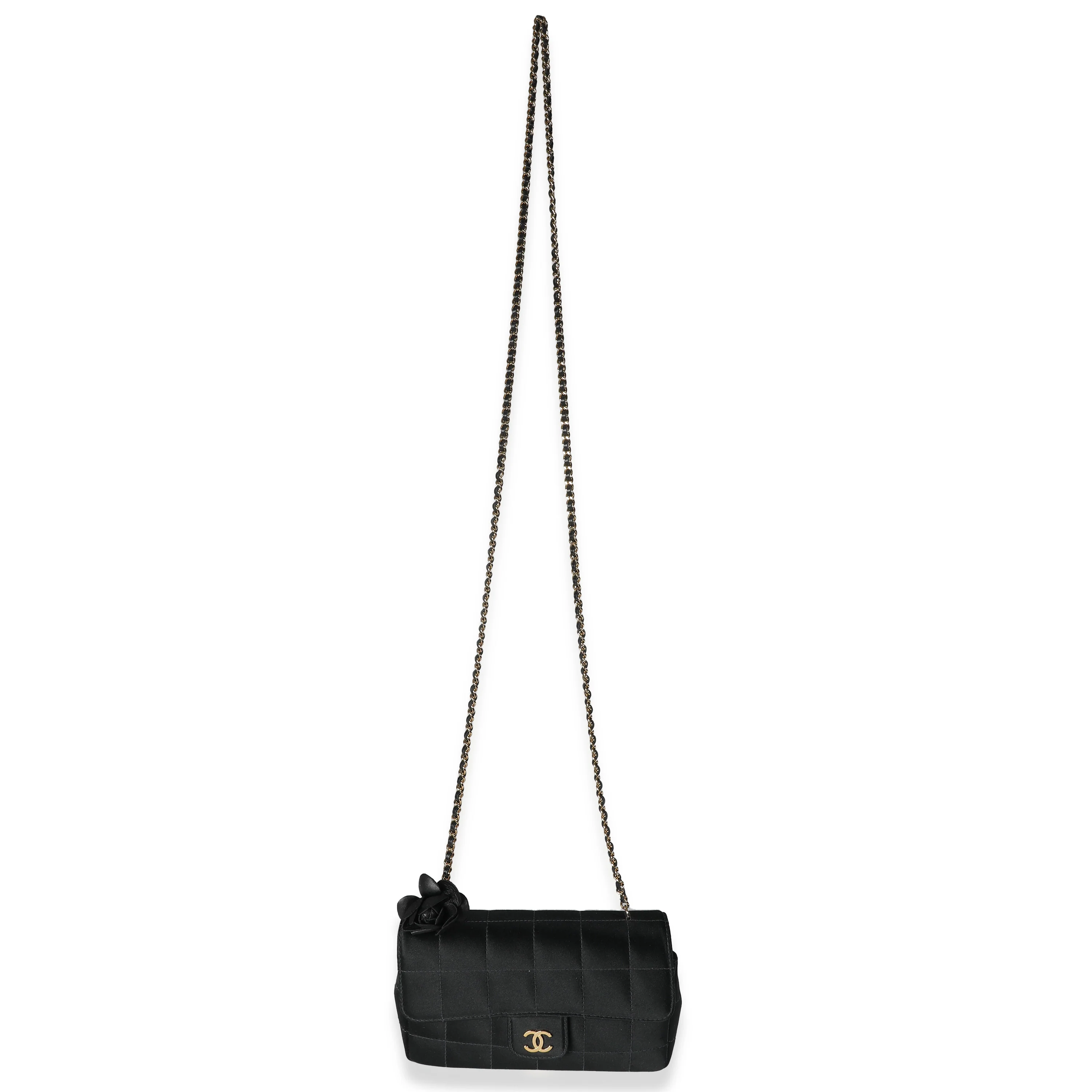 Black Quilted Satin Mini Chocolate Bar Flap Bag - Image 9