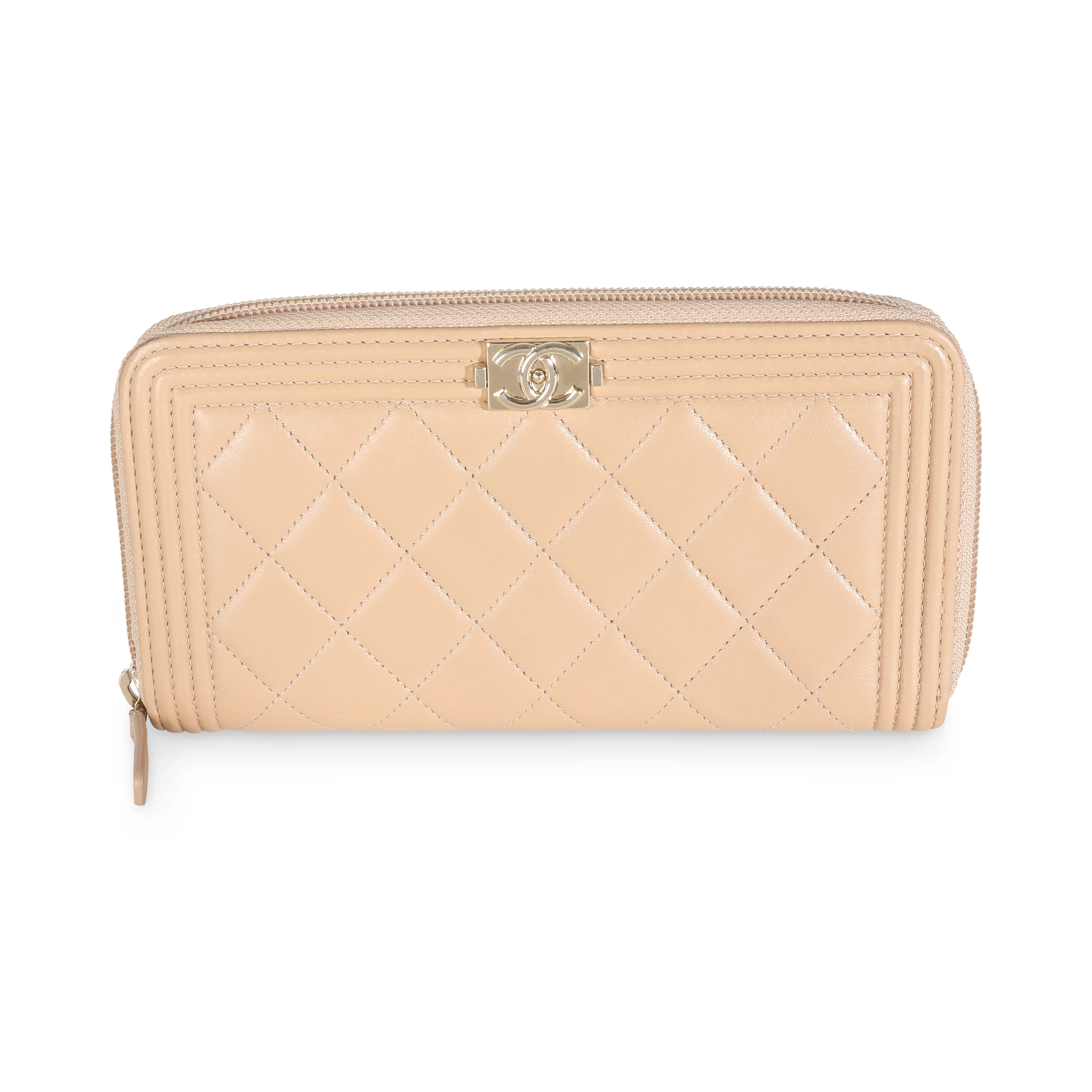 Beige Quilted Lambskin Zip Around Boy Wallet