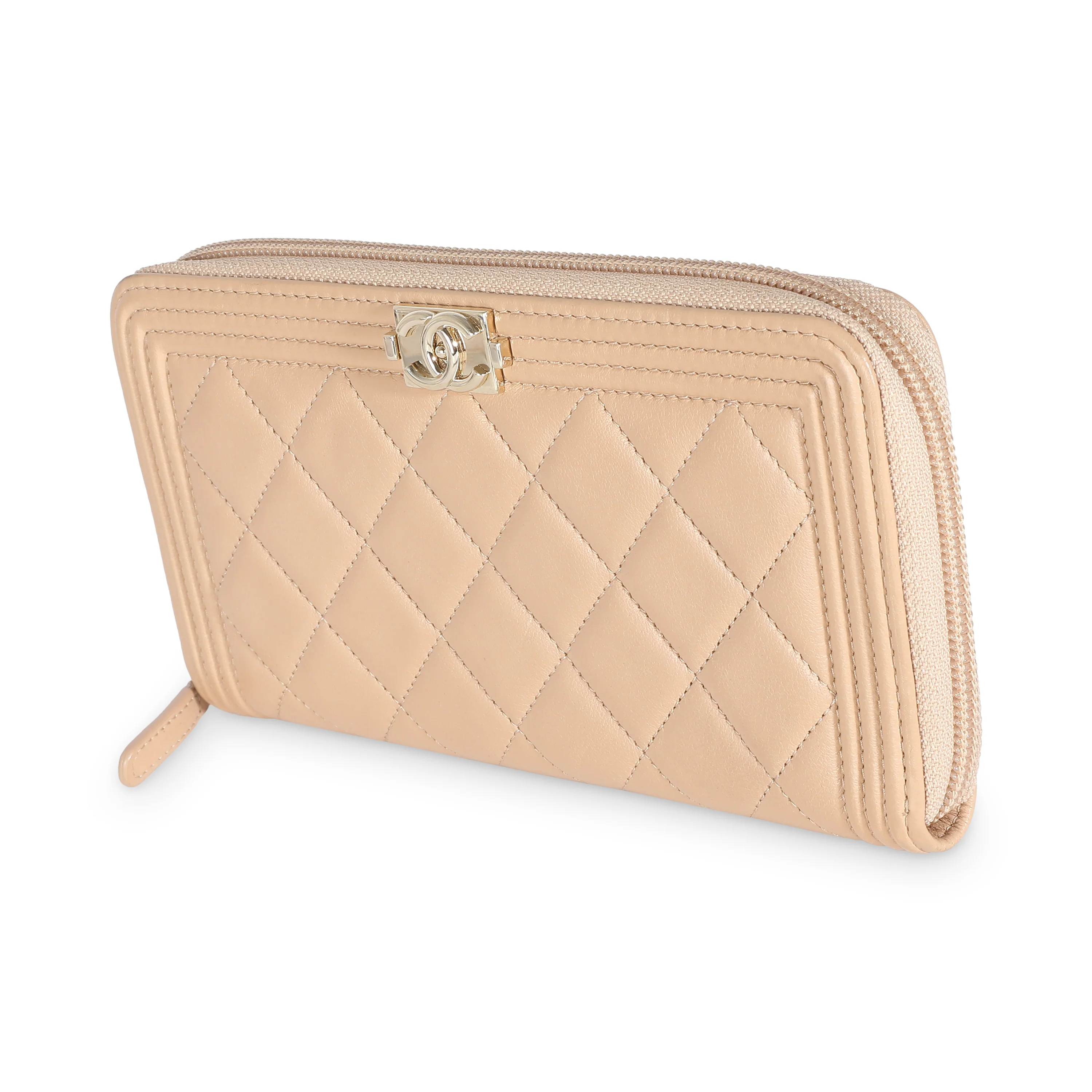 Beige Quilted Lambskin Zip Around Boy Wallet - Image 2