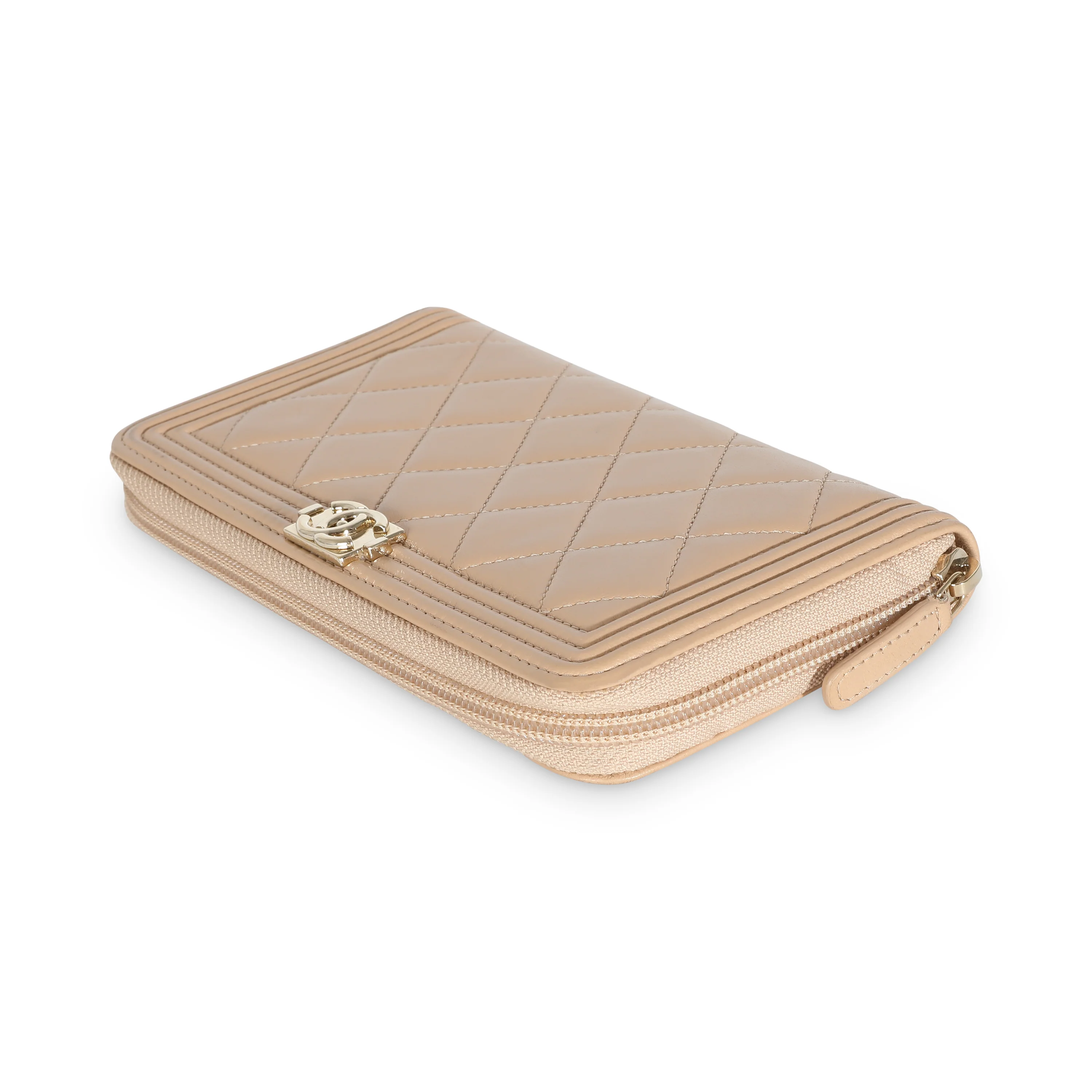 Beige Quilted Lambskin Zip Around Boy Wallet - Image 6