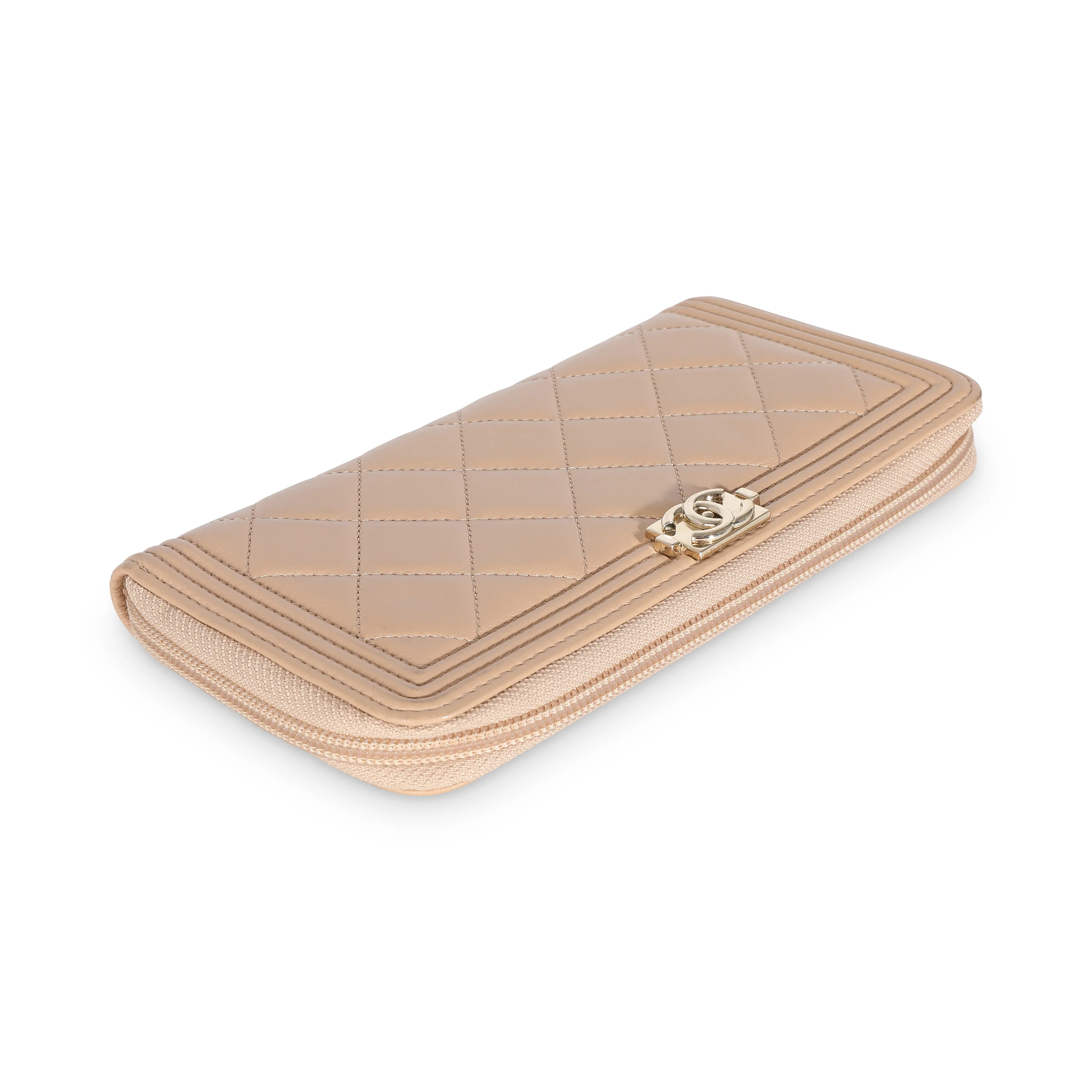 Beige Quilted Lambskin Zip Around Boy Wallet - Image 7
