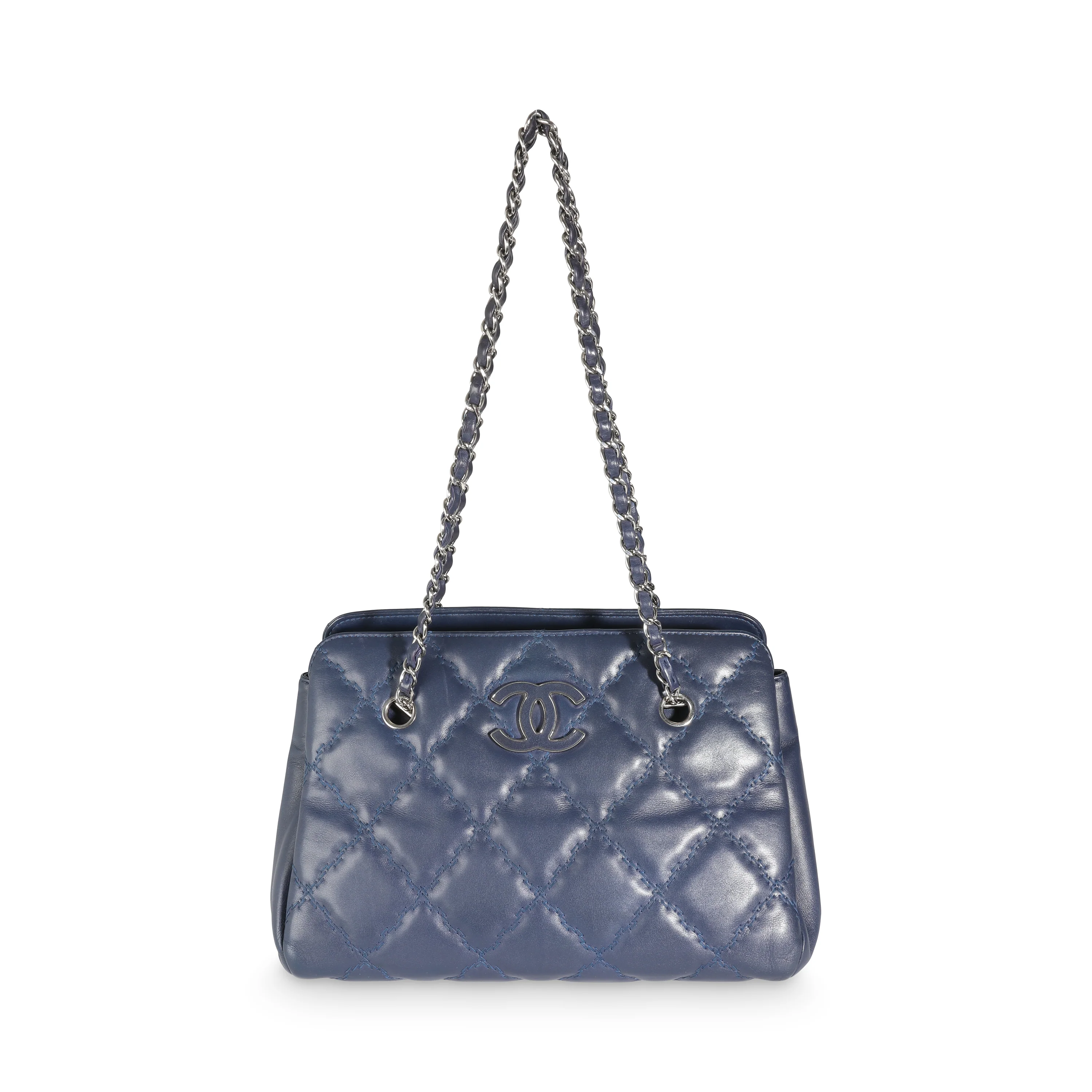 Navy Calfskin Double Stitch Small Hamptons Tote - Image 8