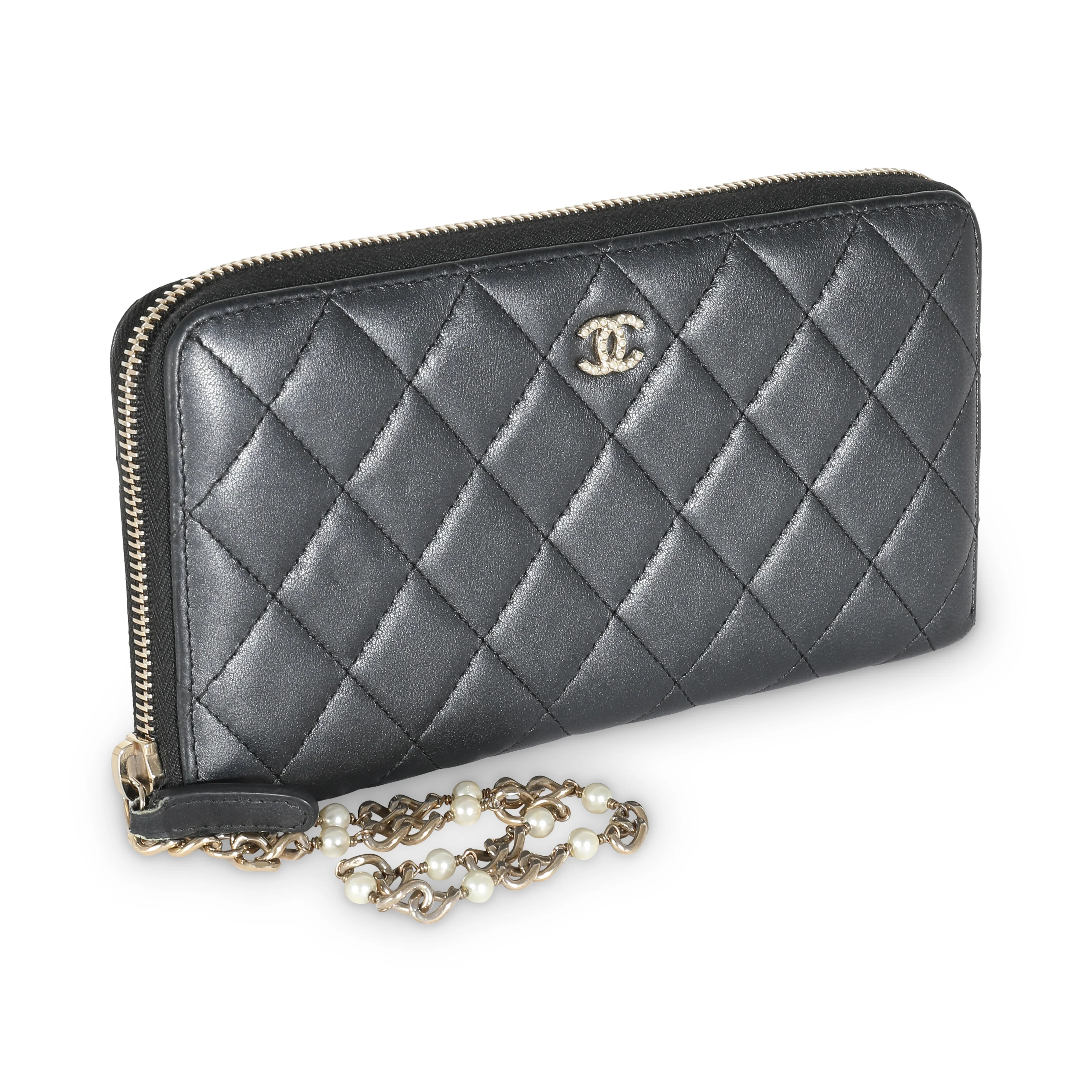 Gunmetal Metallic Quilted Lambskin Zip Around Wallet - Image 3