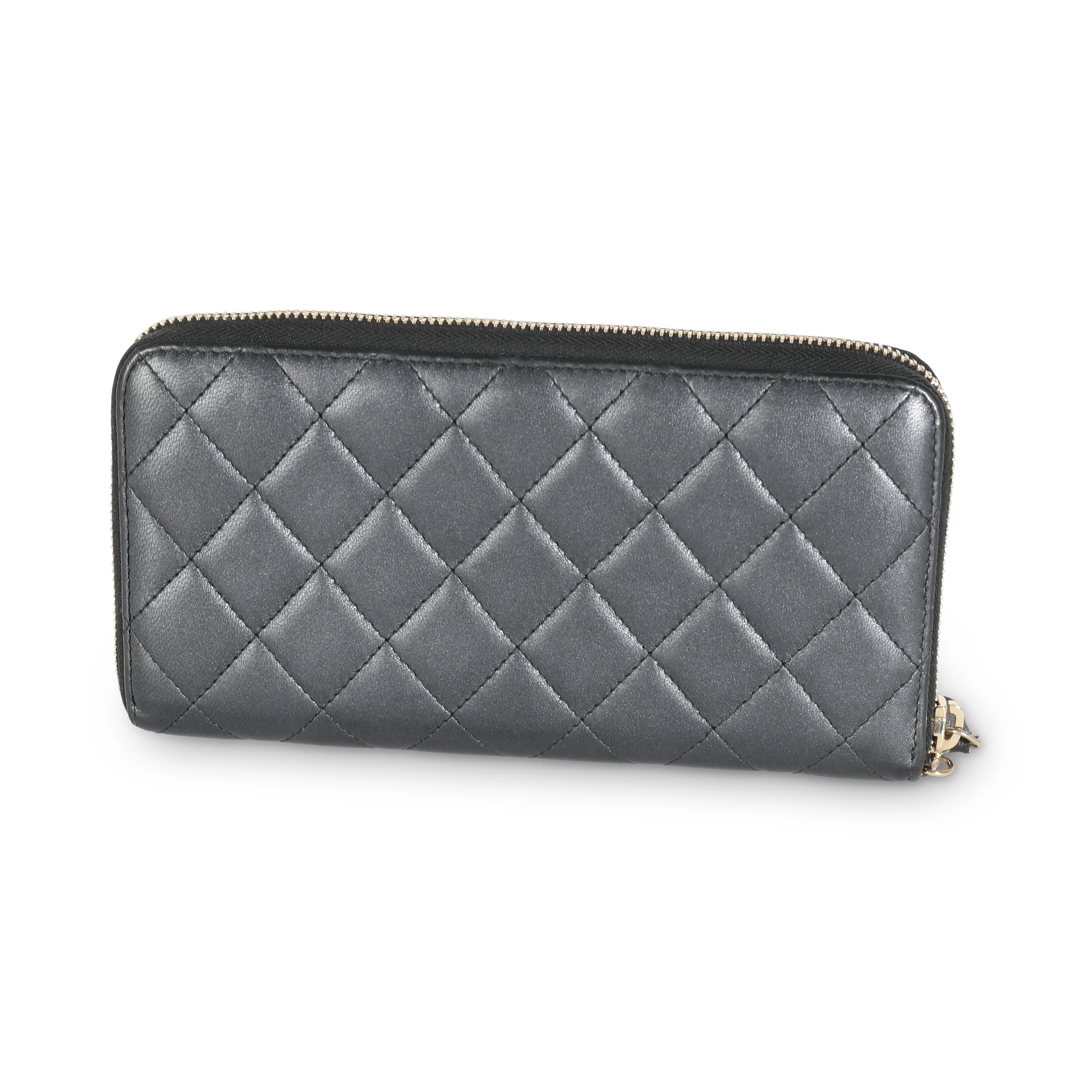 Gunmetal Metallic Quilted Lambskin Zip Around Wallet - Image 4