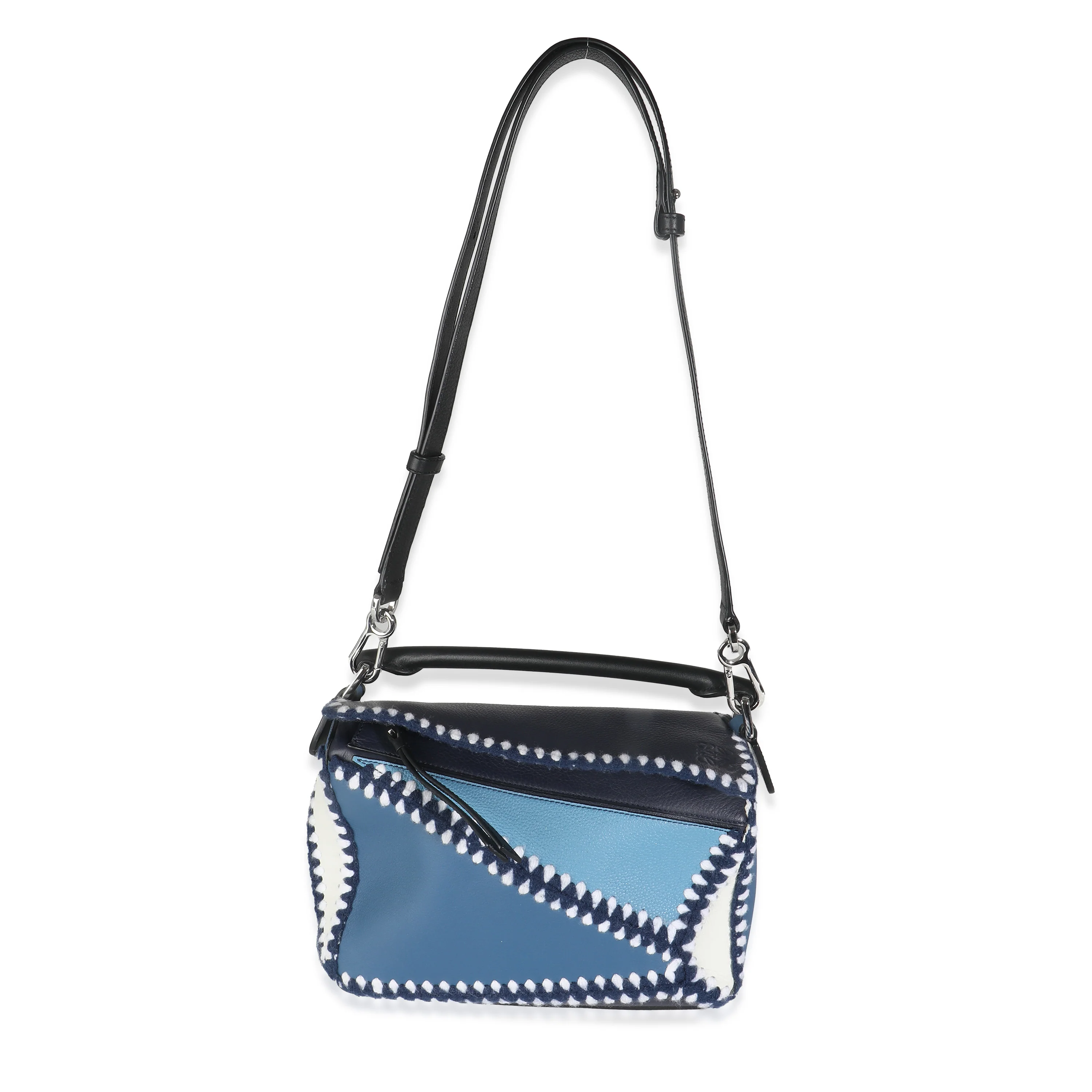 Blue White Tricolour Calfskin Crochet Trim Small Puzzle Bag - Image 8