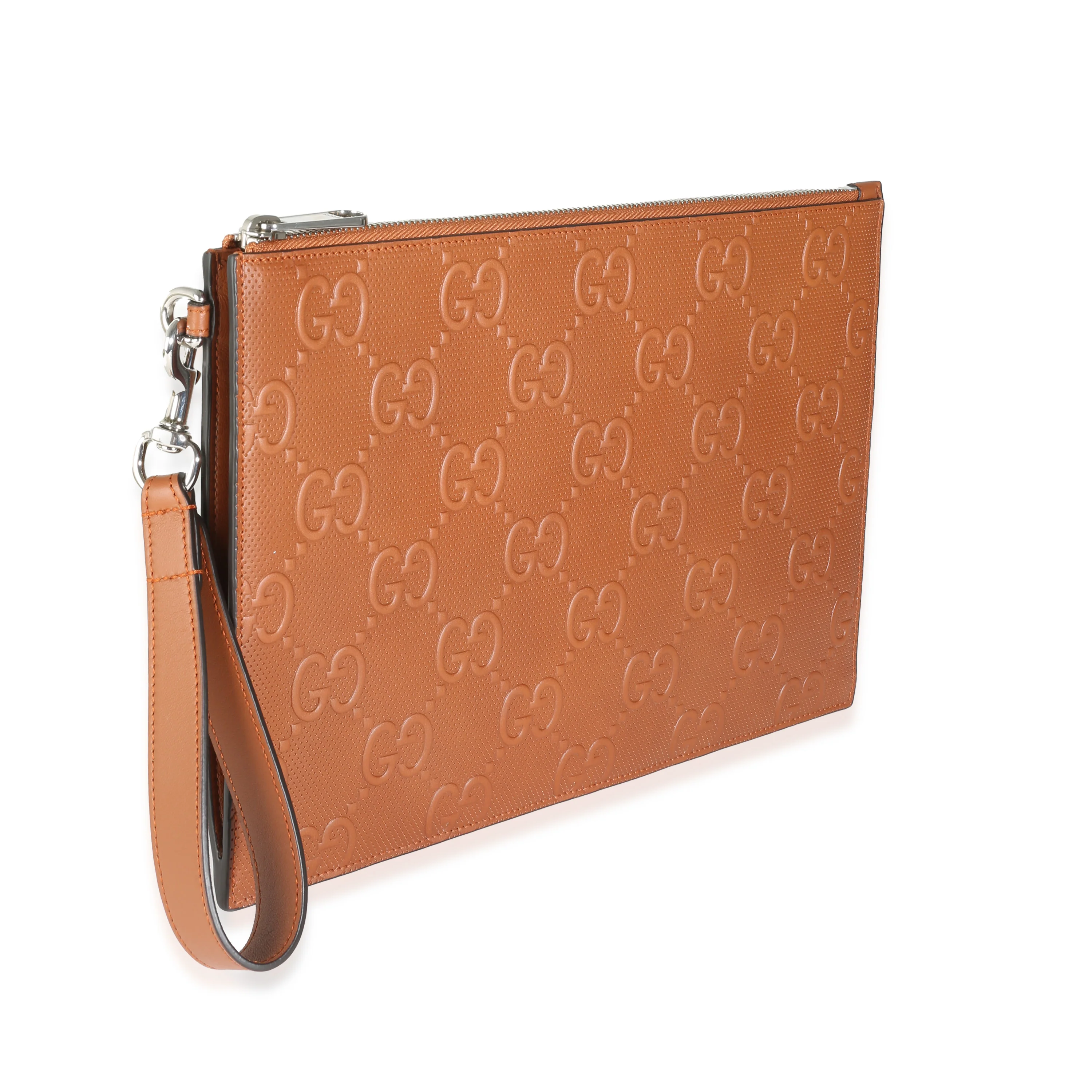 Brown Leather Jumbo GG Embossed Wristlet Pouch - Image 3