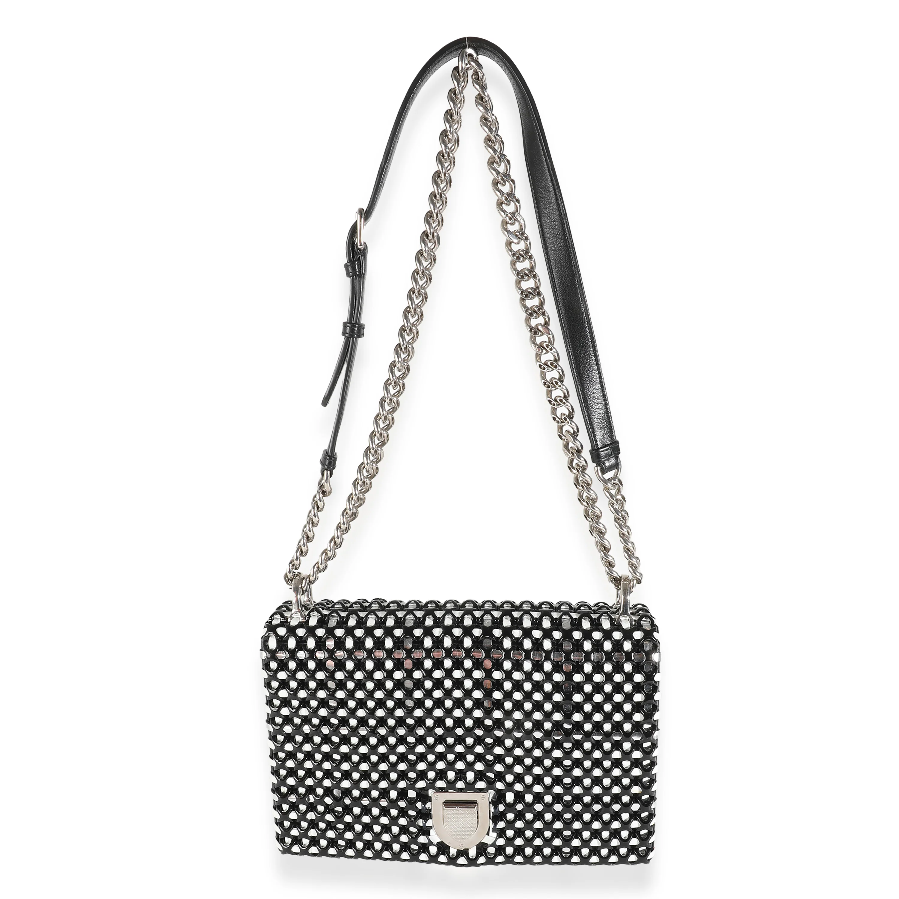 Black White Leather Woven Medium Diorama Flap Bag - Image 7