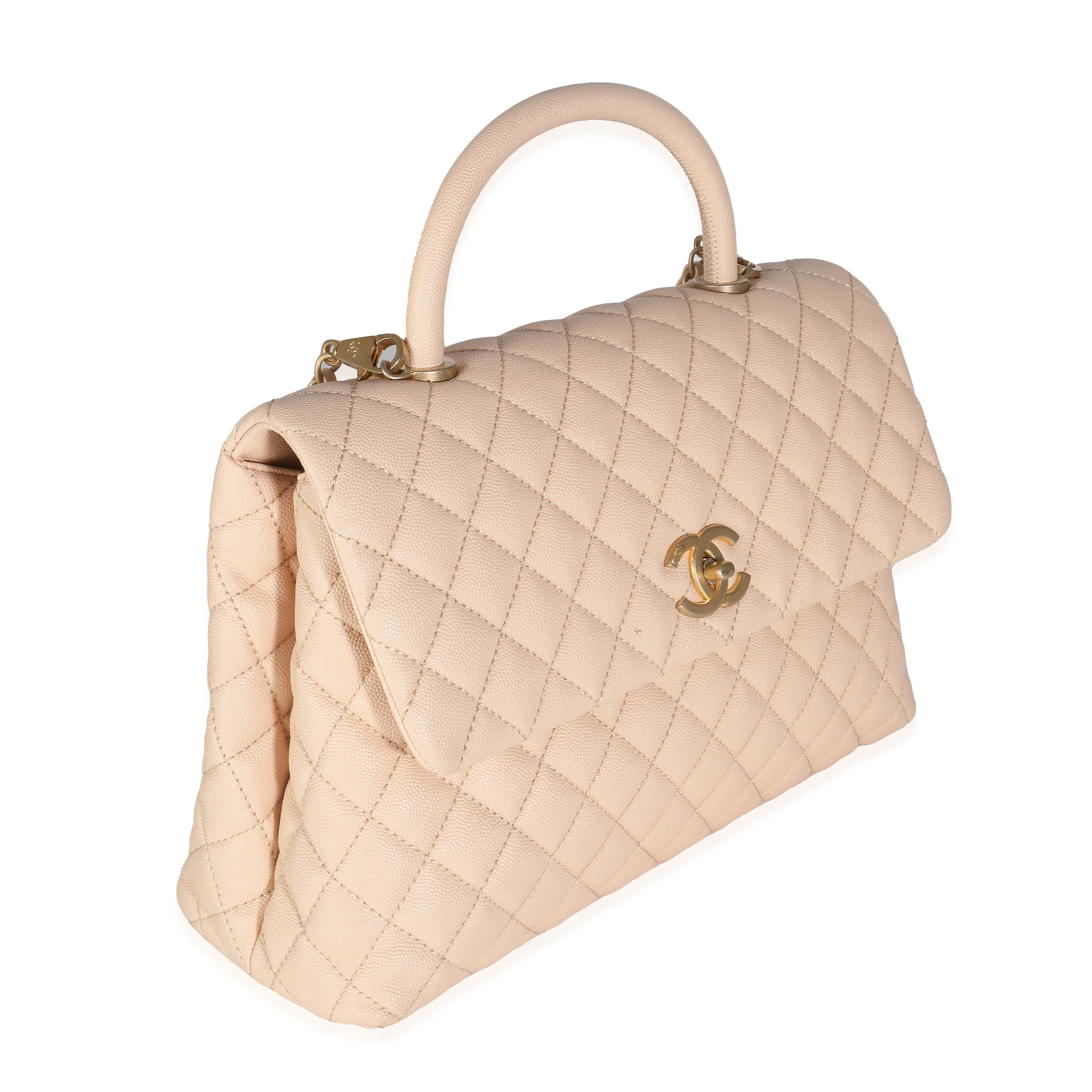 Beige Quilted Caviar Medium Coco Top Handle Handbag - Image 3
