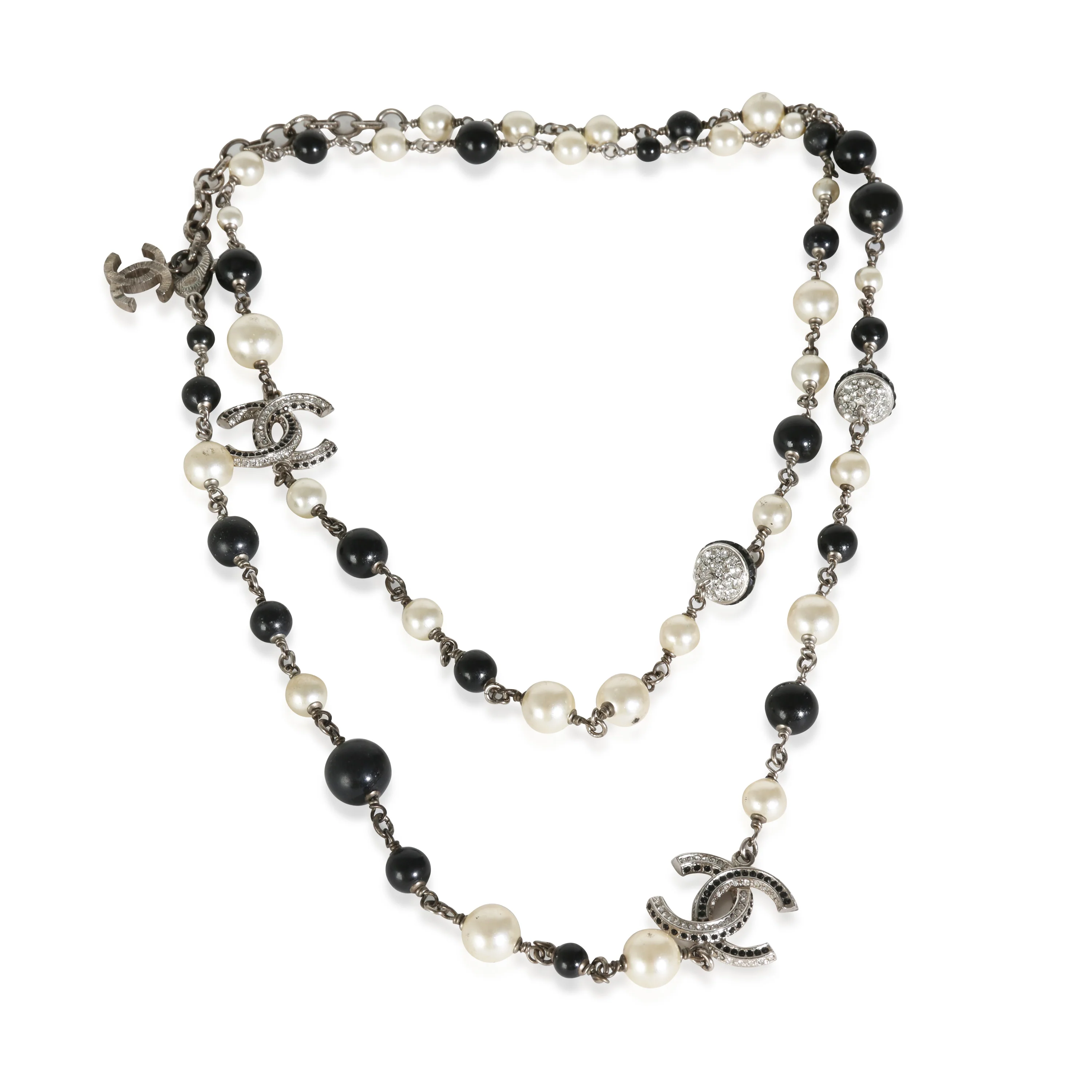 2018 Black & White Faux Pearl Long Necklace With Strass CC Palladium Plat - Image 2