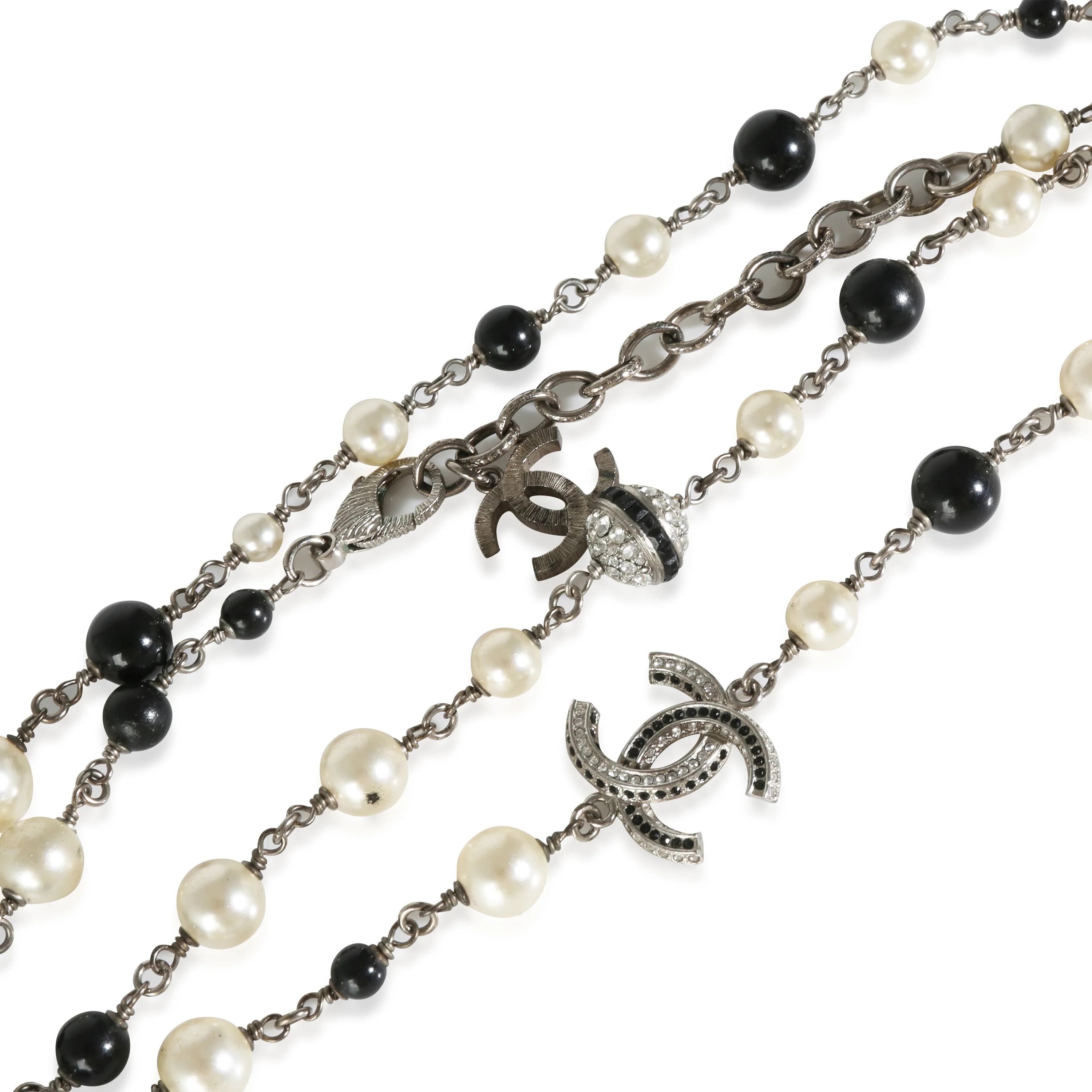 2018 Black & White Faux Pearl Long Necklace With Strass CC Palladium Plat - Image 3