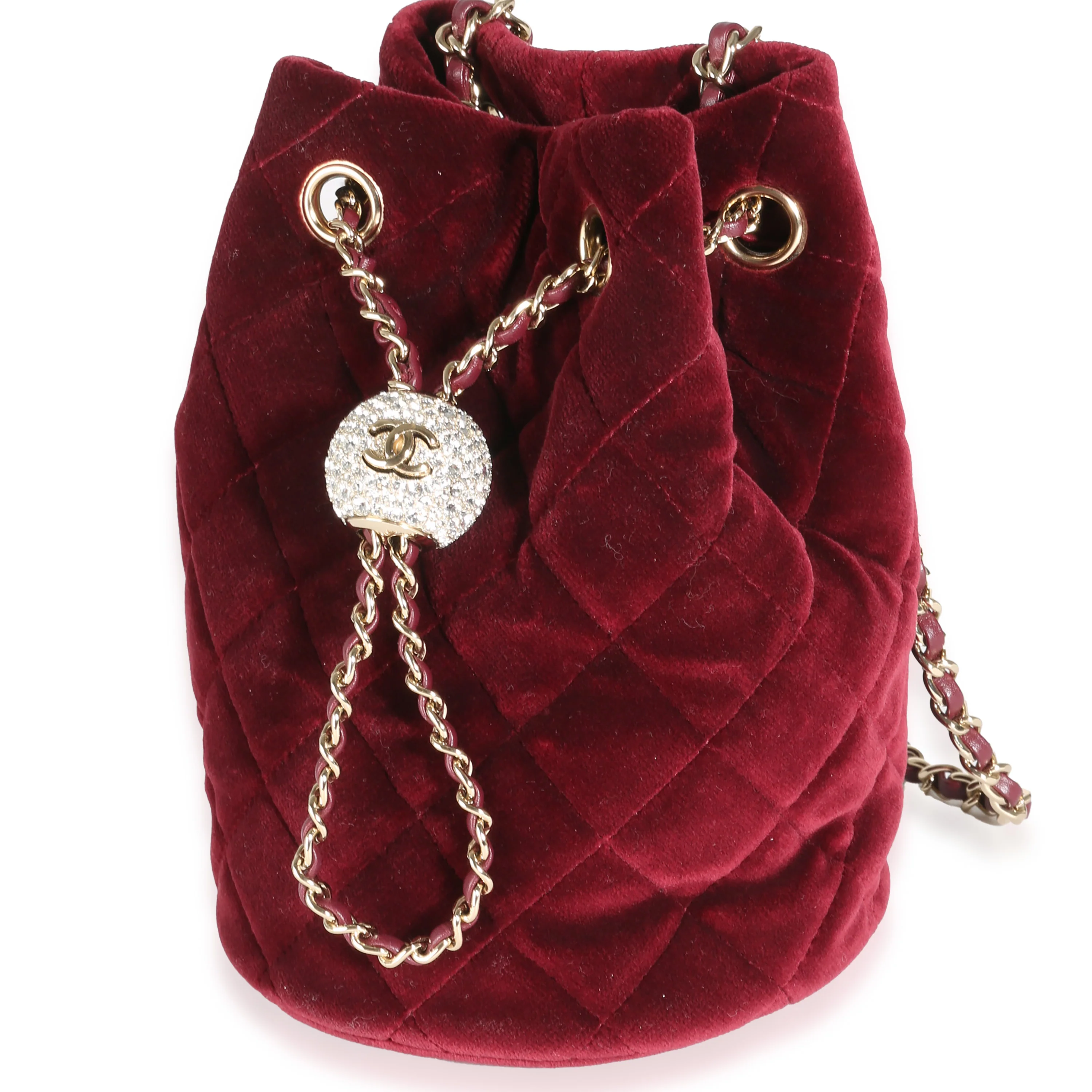 Burgundy Quilted Velvet CC Pearl Crush Bucket Bag - Image 2
