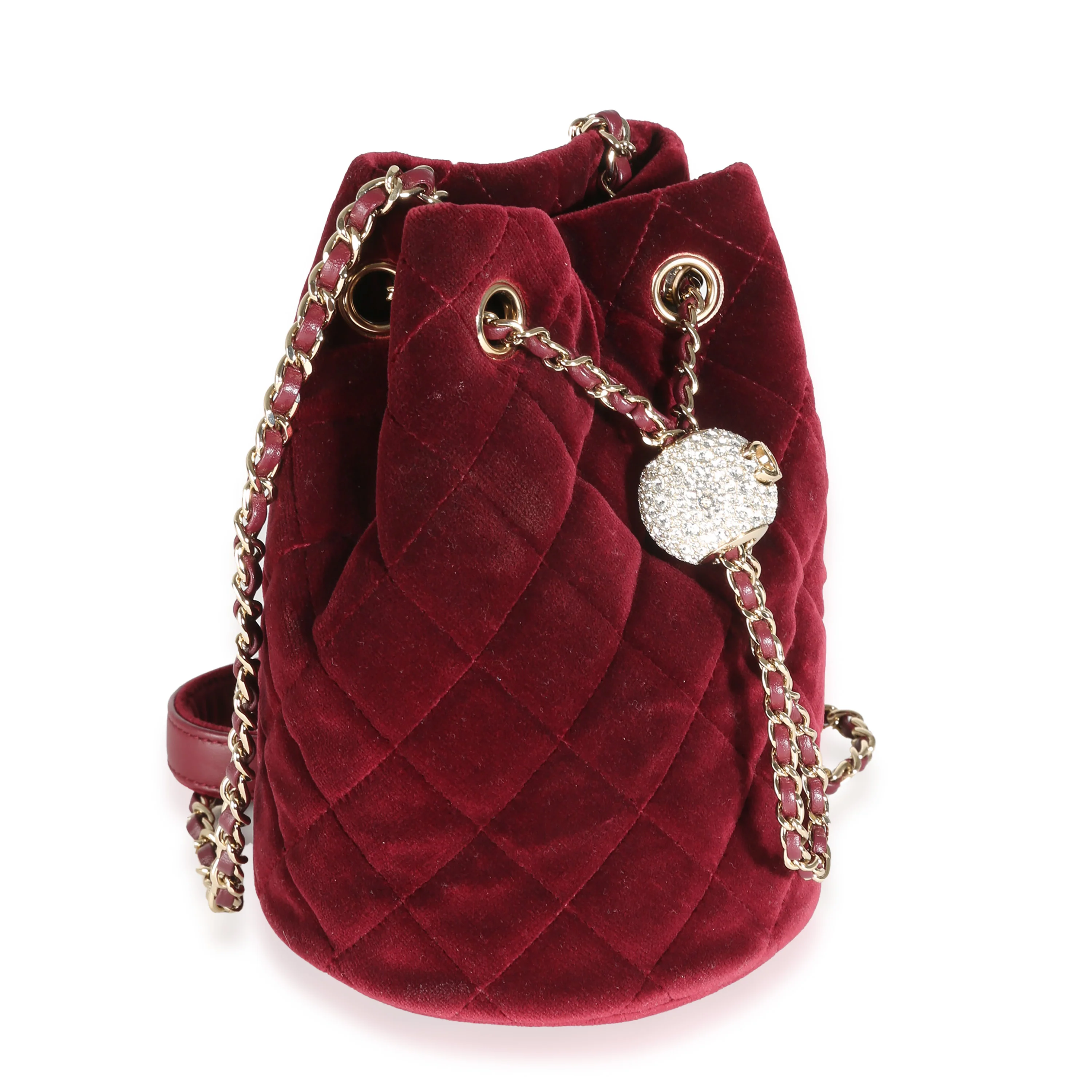 Burgundy Quilted Velvet CC Pearl Crush Bucket Bag - Image 3