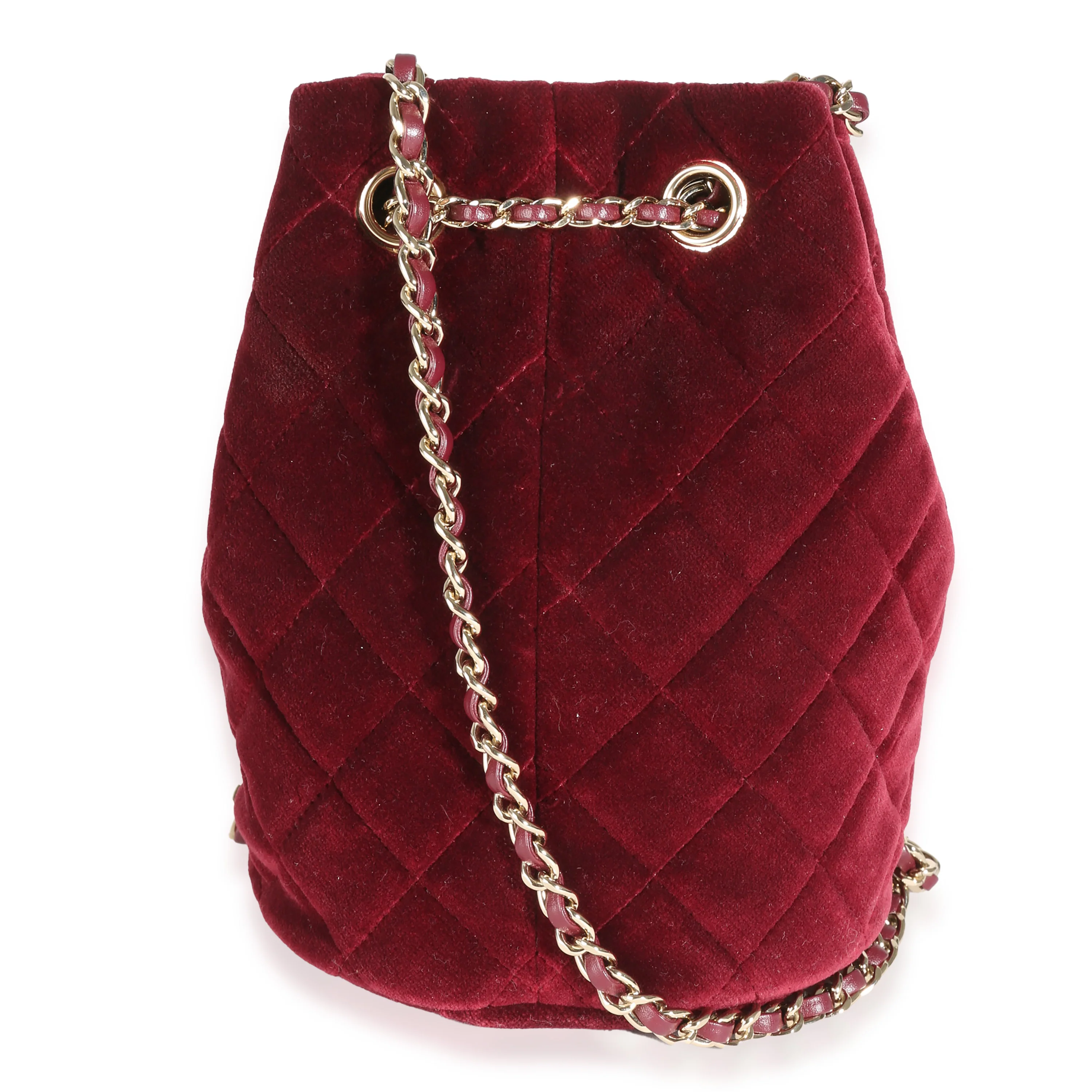 Burgundy Quilted Velvet CC Pearl Crush Bucket Bag - Image 4