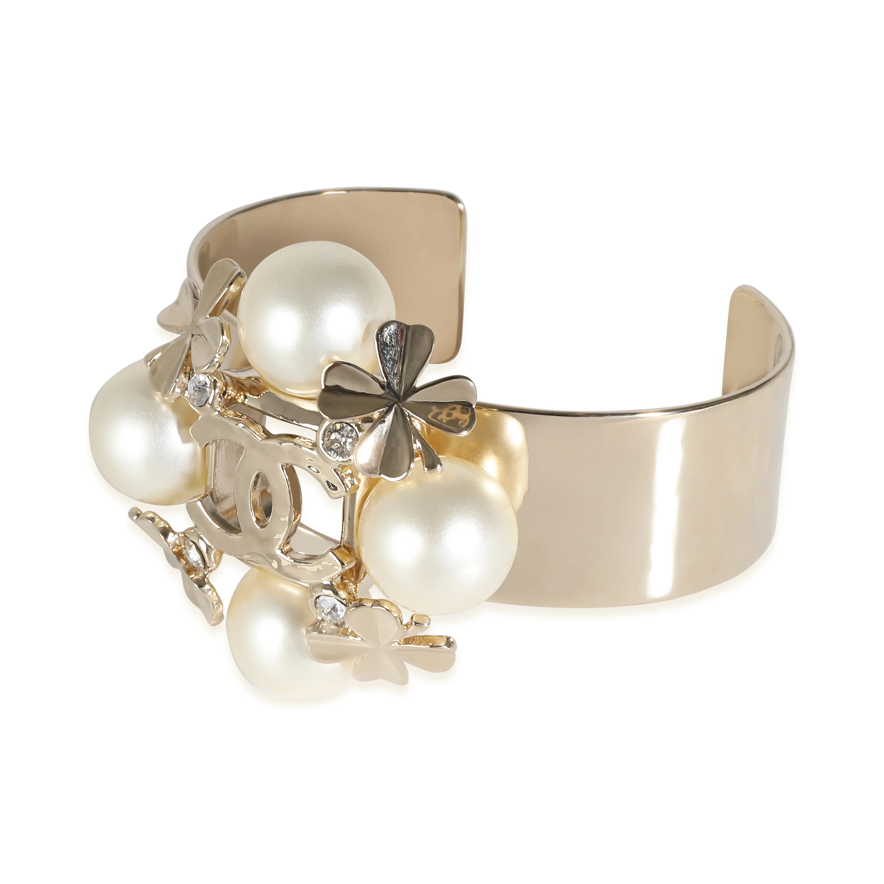 2022 Faux Pearl & CC Clover Cuff Gold Plated Bracelet - Image 2