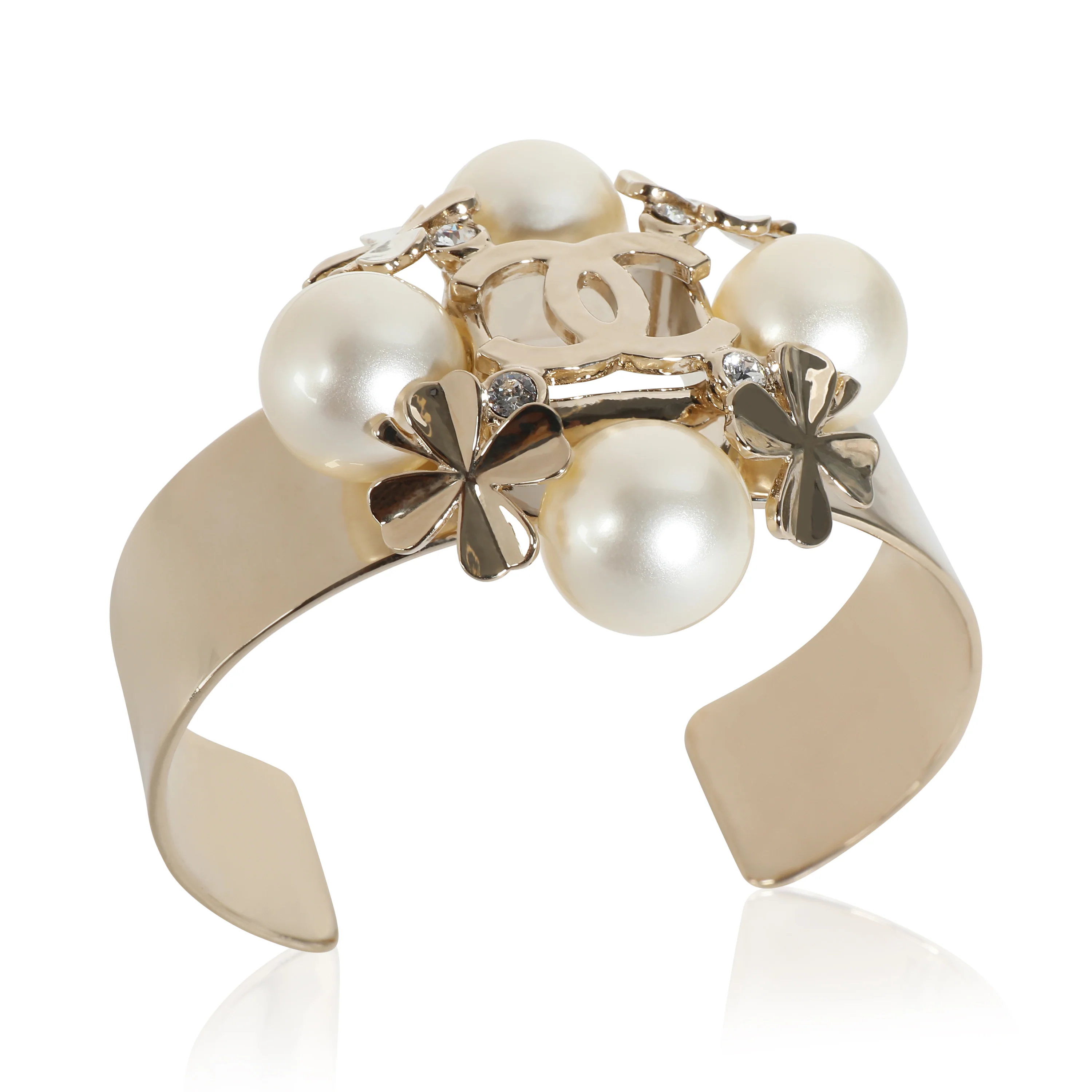 2022 Faux Pearl & CC Clover Cuff Gold Plated Bracelet - Image 4