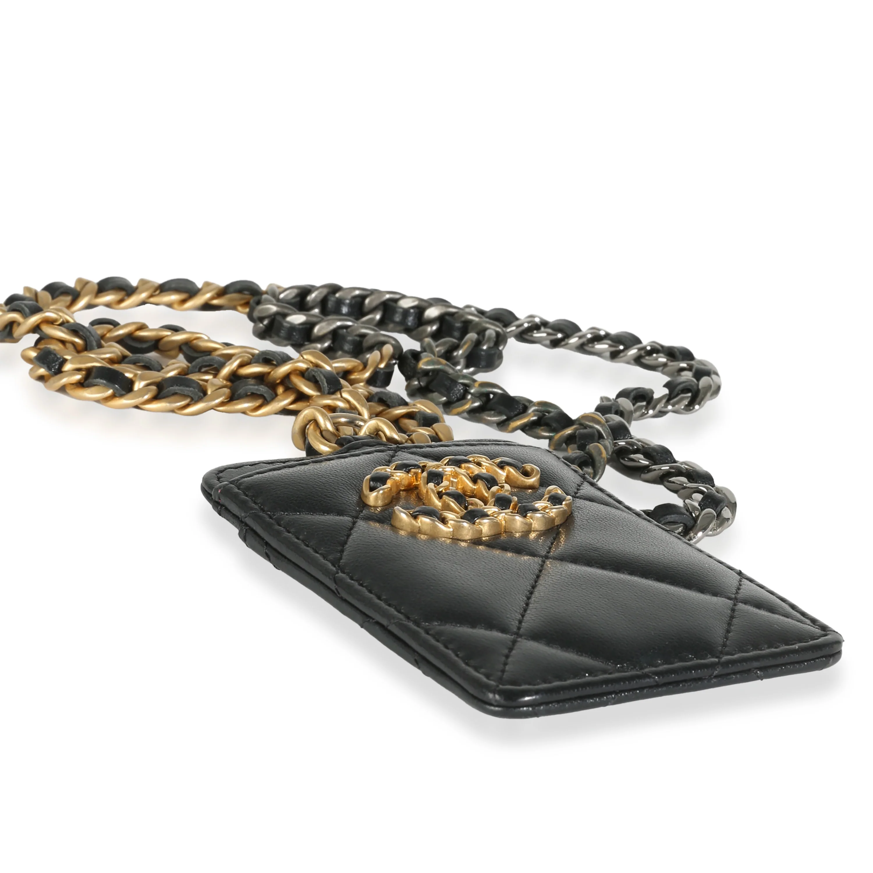 Black Quilted Goatskin Chanel 19 Card Holder On Chain - Image 6