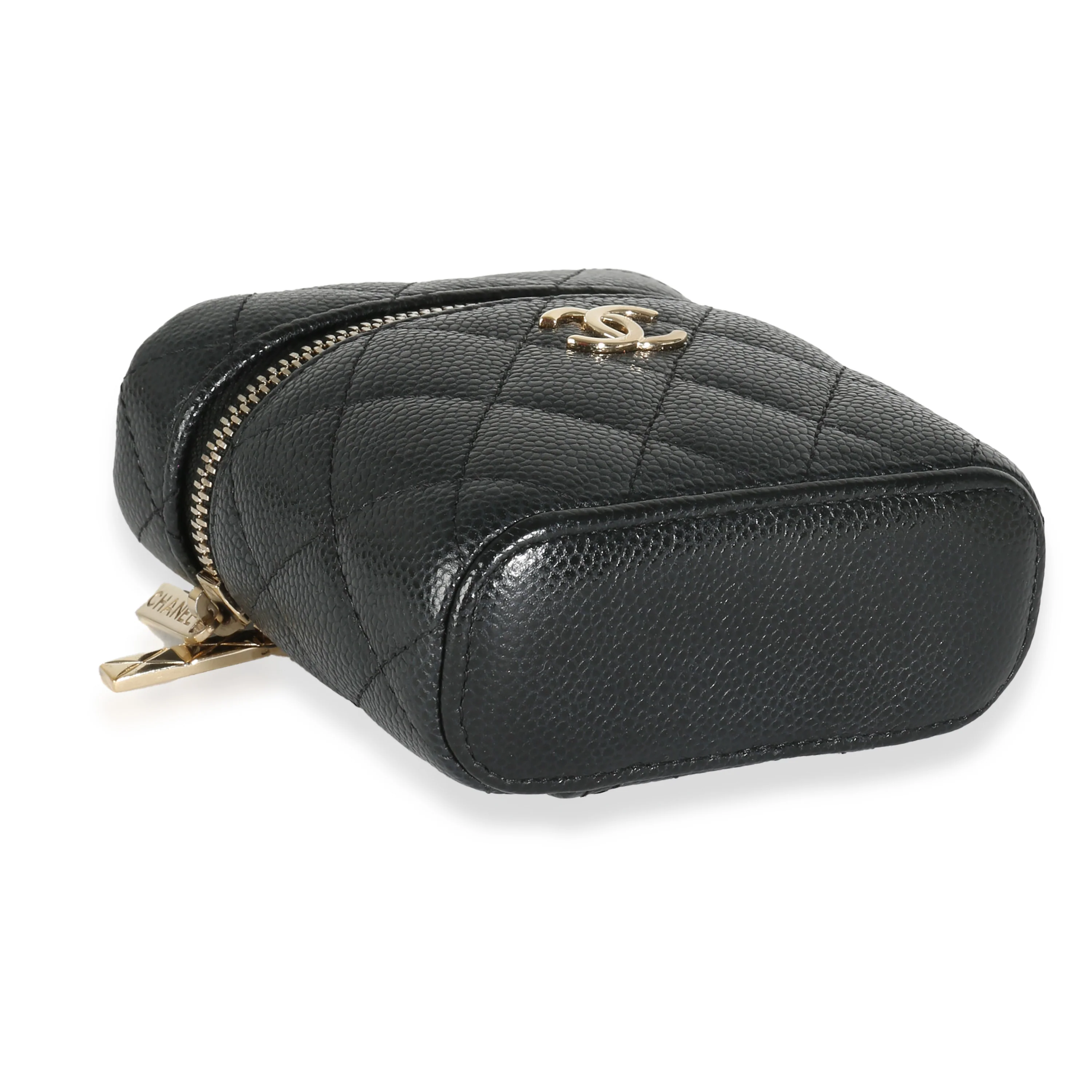 Black Quilted Caviar Small Handle With Care Vanity Case - Image 6