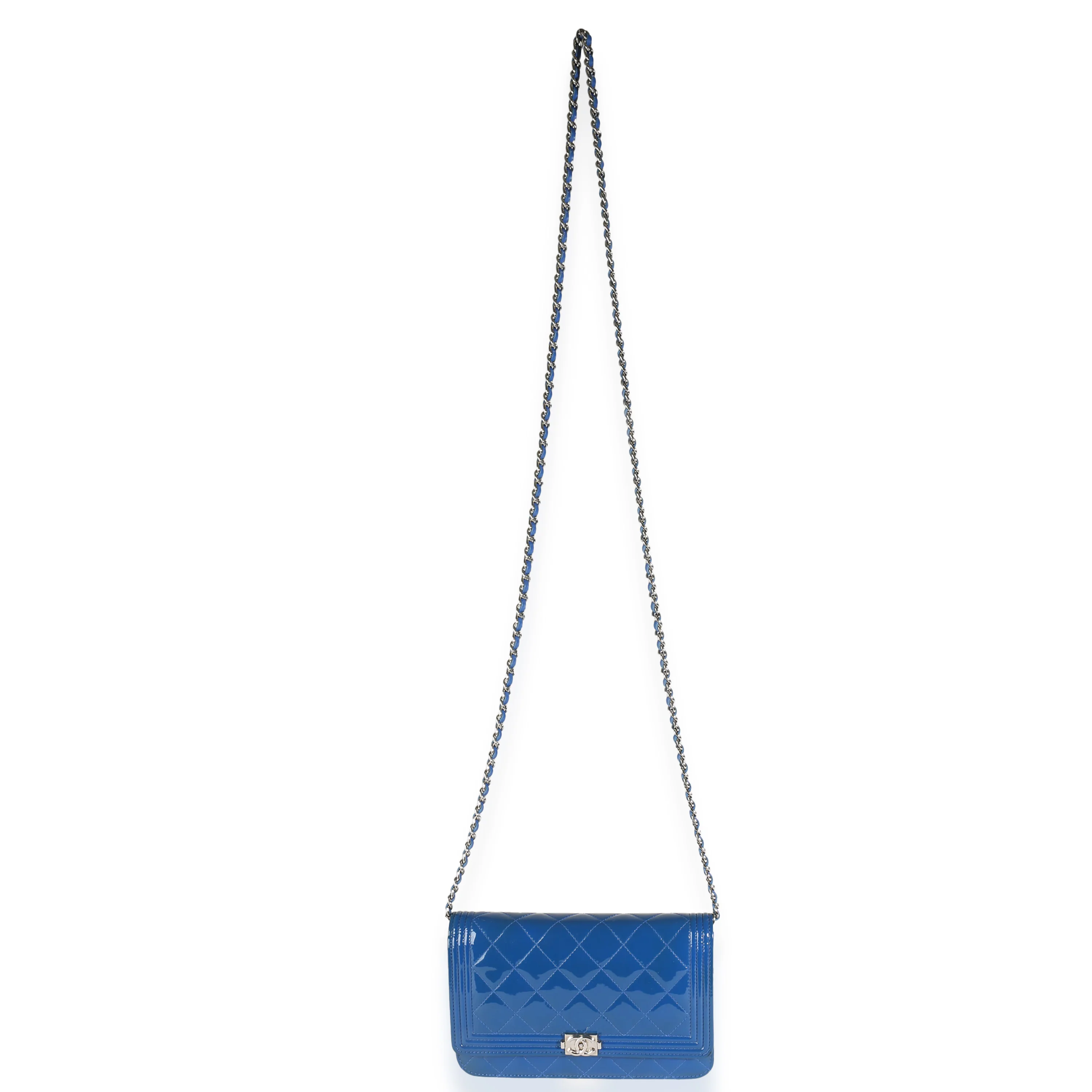 Blue Quilted Patent Boy Wallet On Chain - Image 8