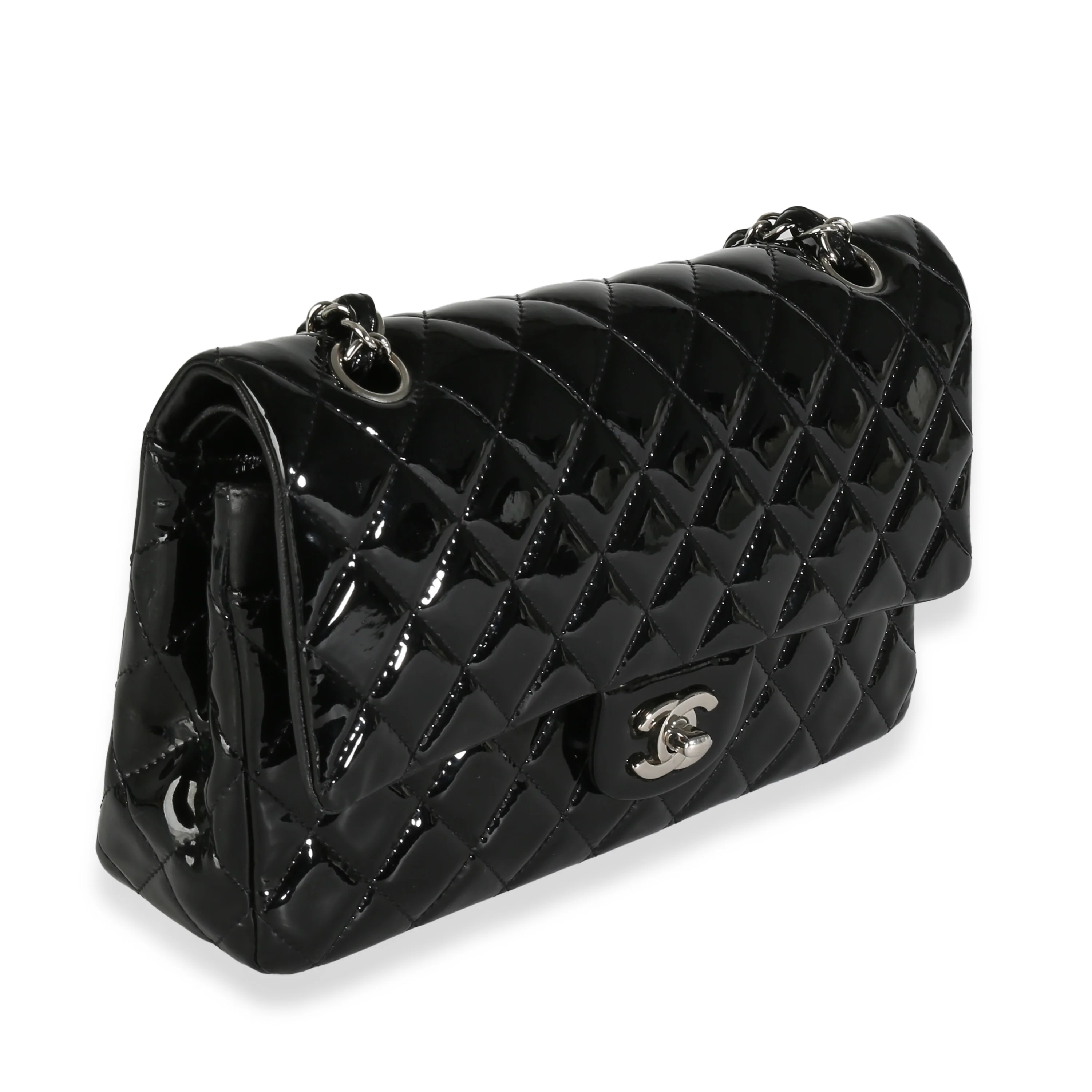 Black Quilted Patent Medium Classic Double Flap Bag - Image 3