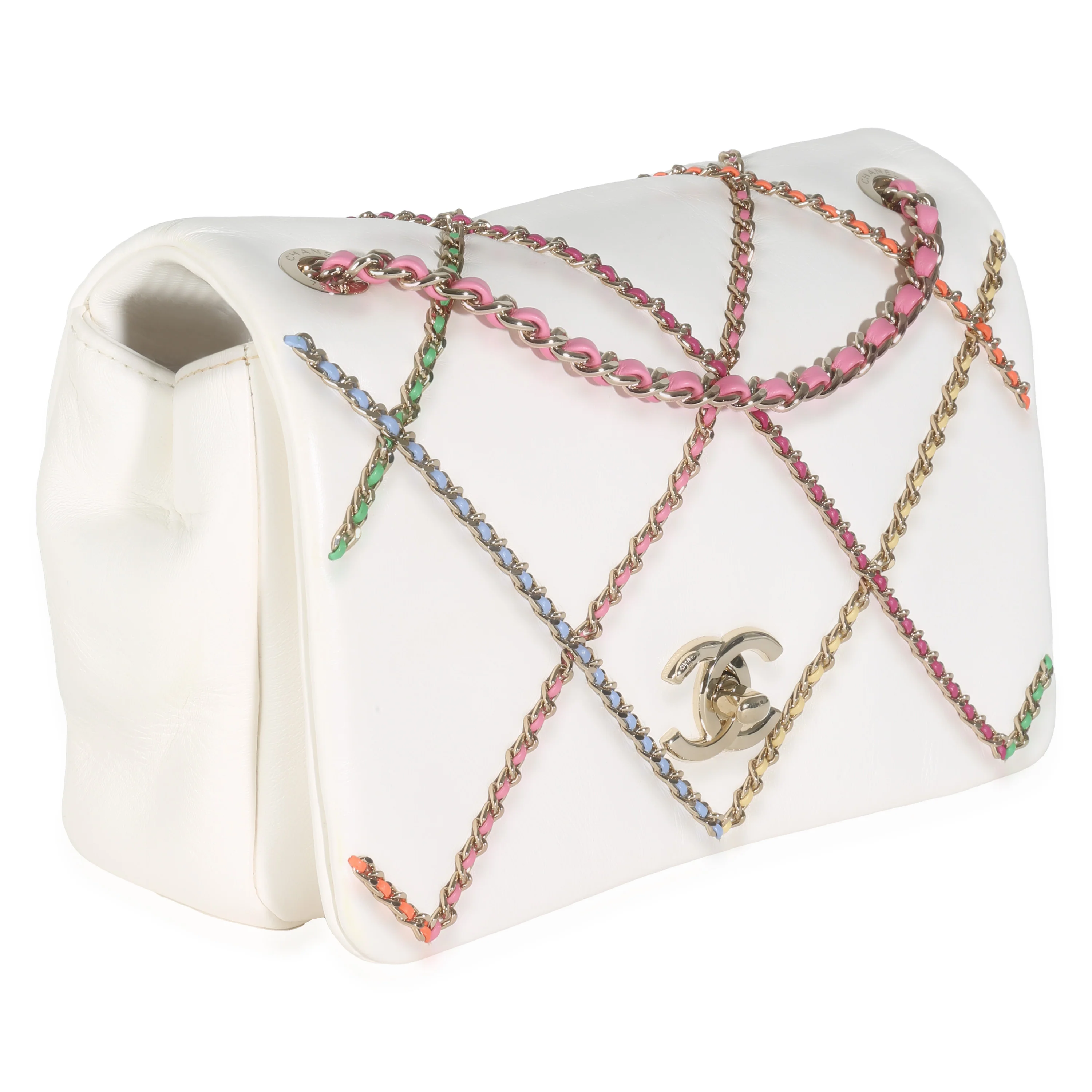 White Lambskin Multicolor Chain Intertwined Small Flap Bag - Image 2