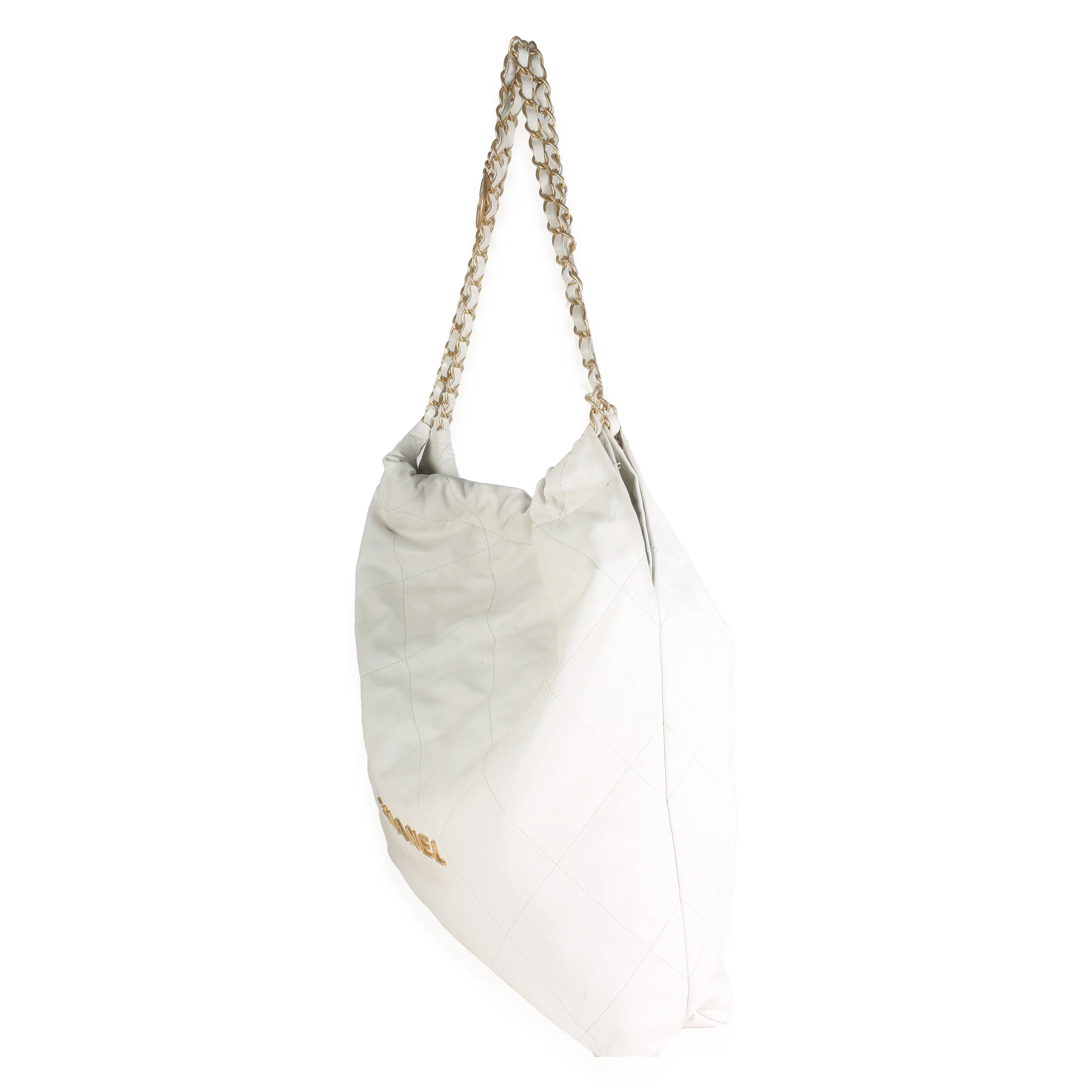 White Shiny Quilted Calfskin Large Chanel 22 Hobo - Image 2