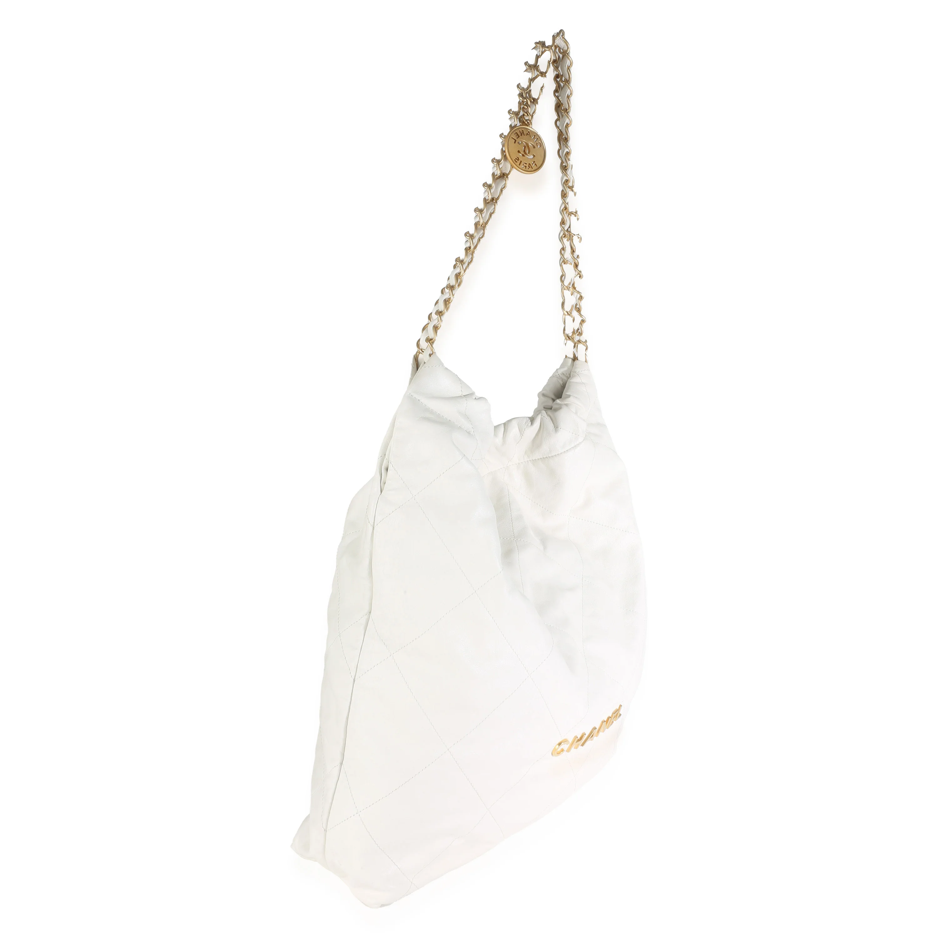 White Shiny Quilted Calfskin Large Chanel 22 Hobo - Image 3