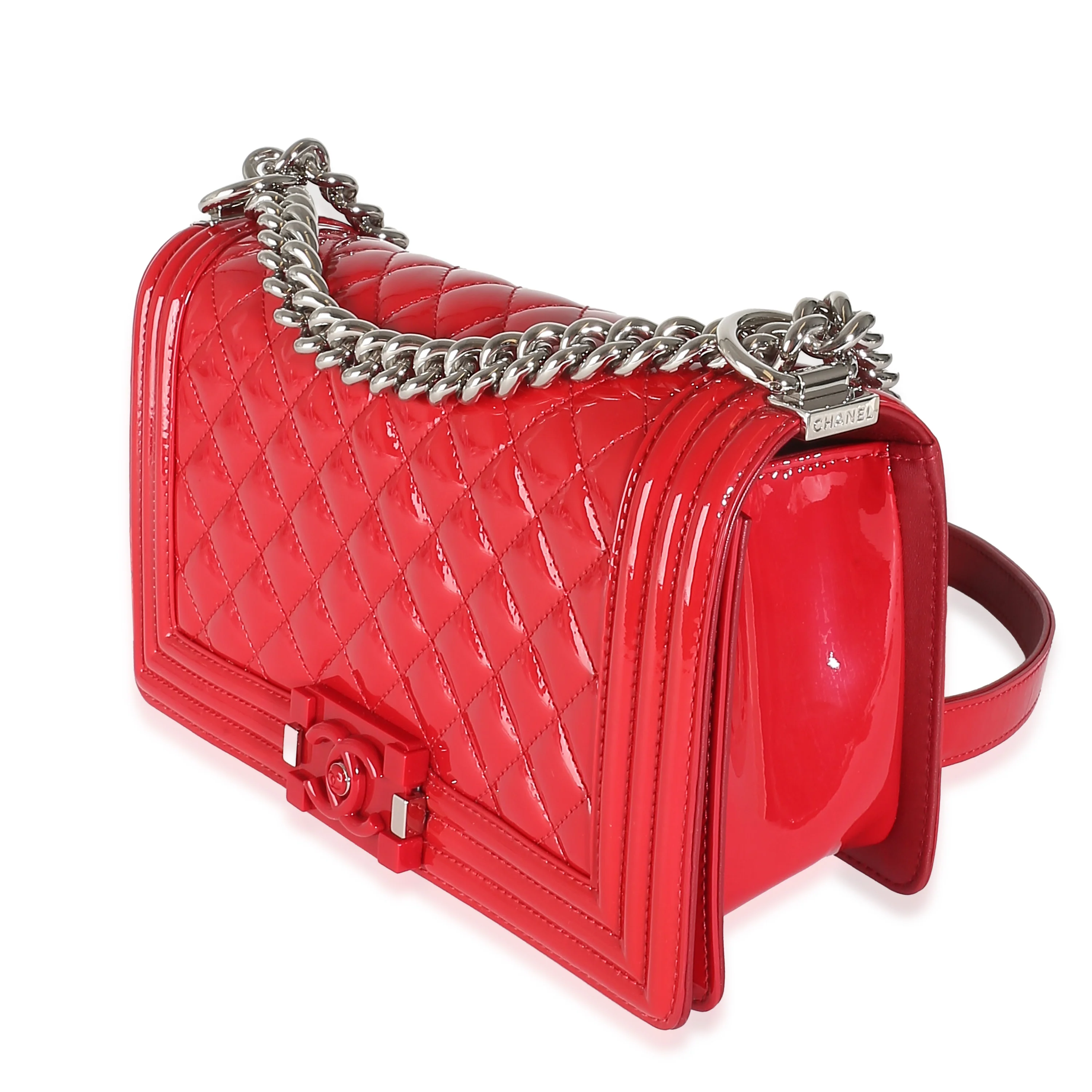 Red Quilted Patent Plexi Glass Old  Medium Boy Bag - Image 2