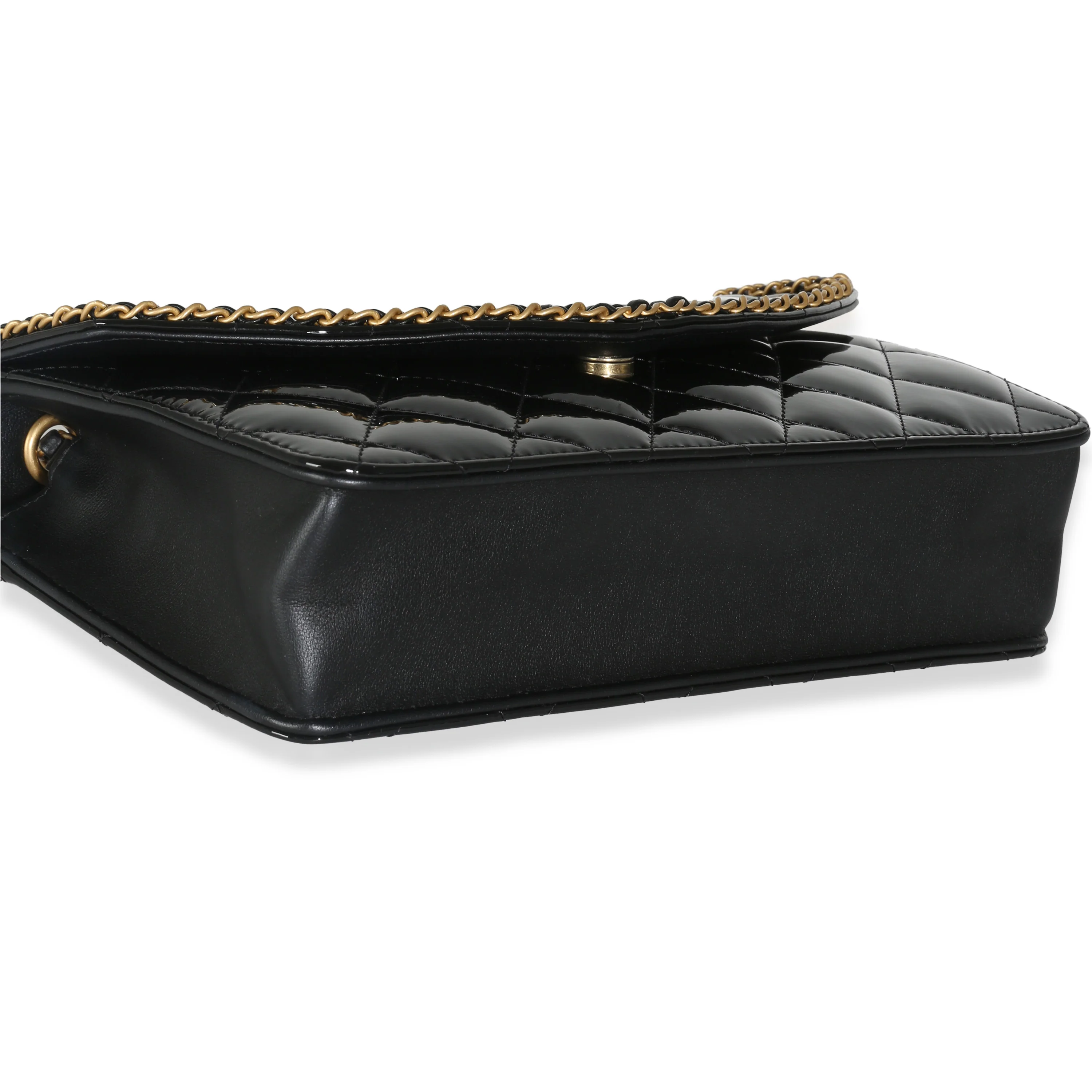 24A Black Quilted Patent Chain Around Heart Flap Bag - Image 6