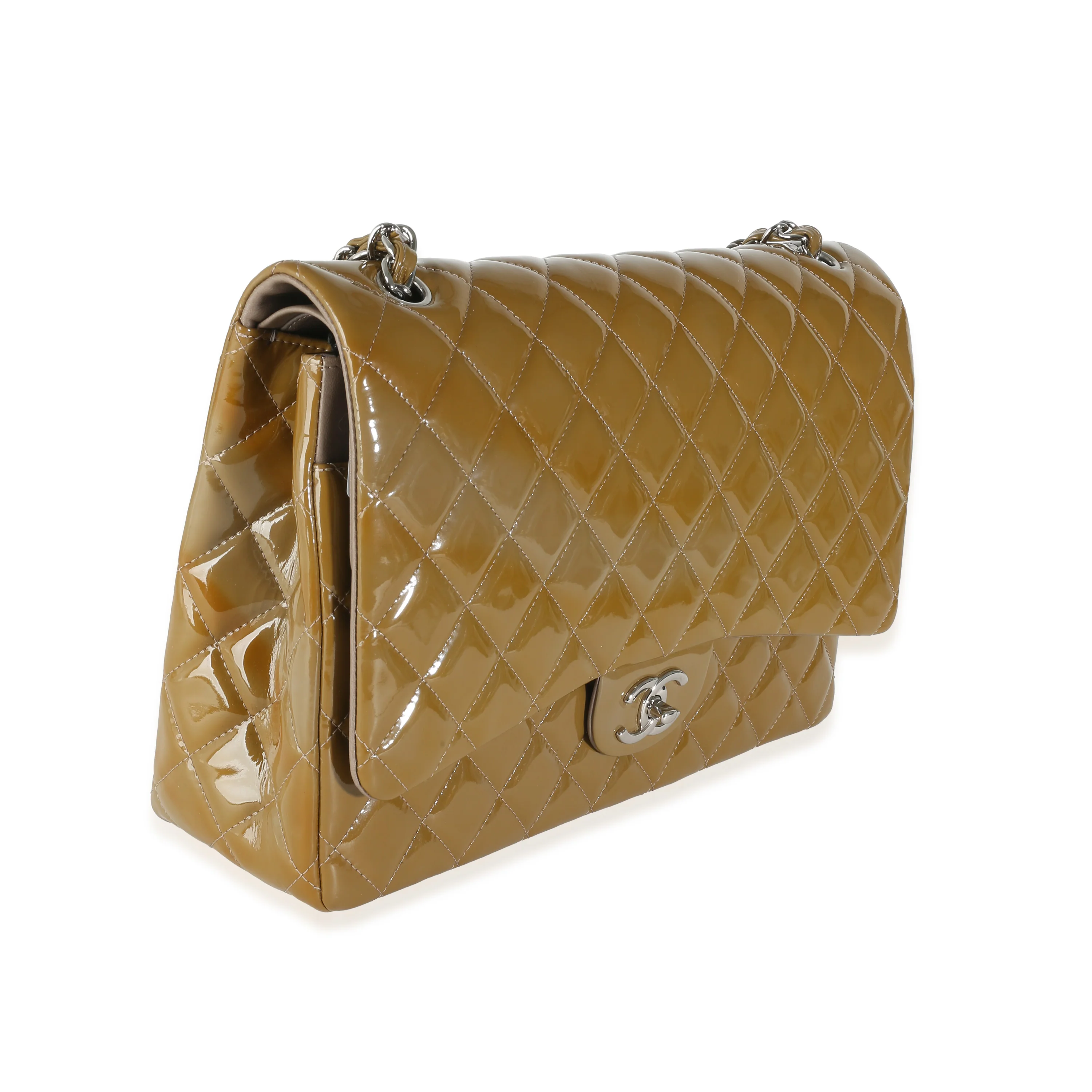 Khaki Quilted Patent Maxi Double Flap Bag - Image 3