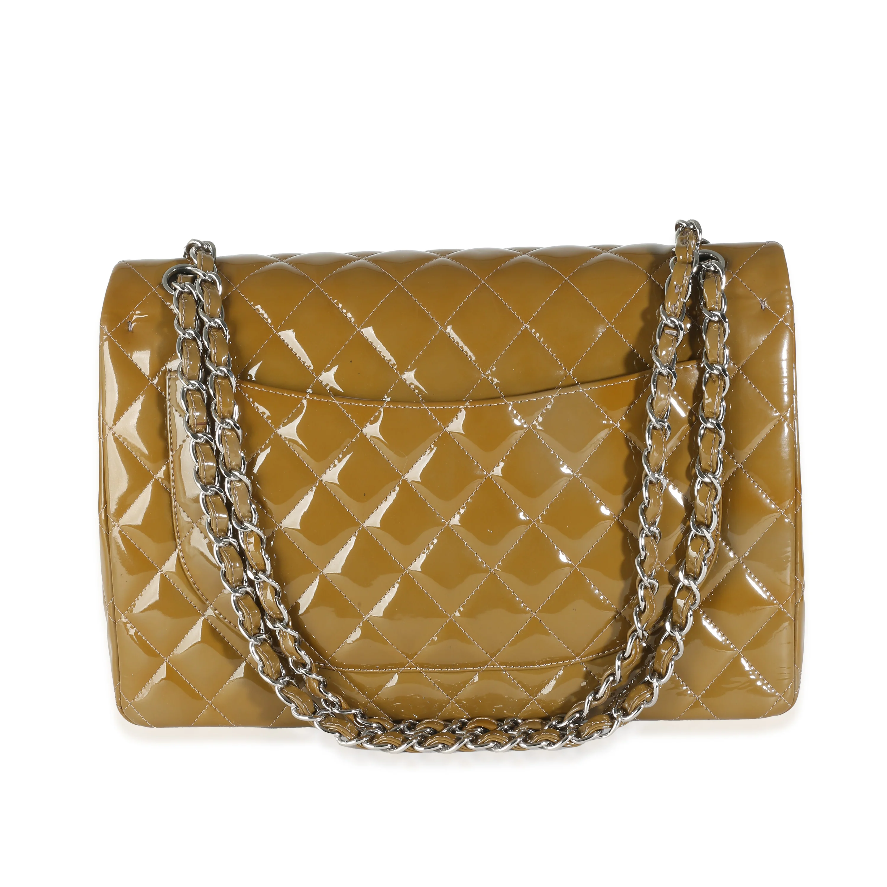 Khaki Quilted Patent Maxi Double Flap Bag - Image 4