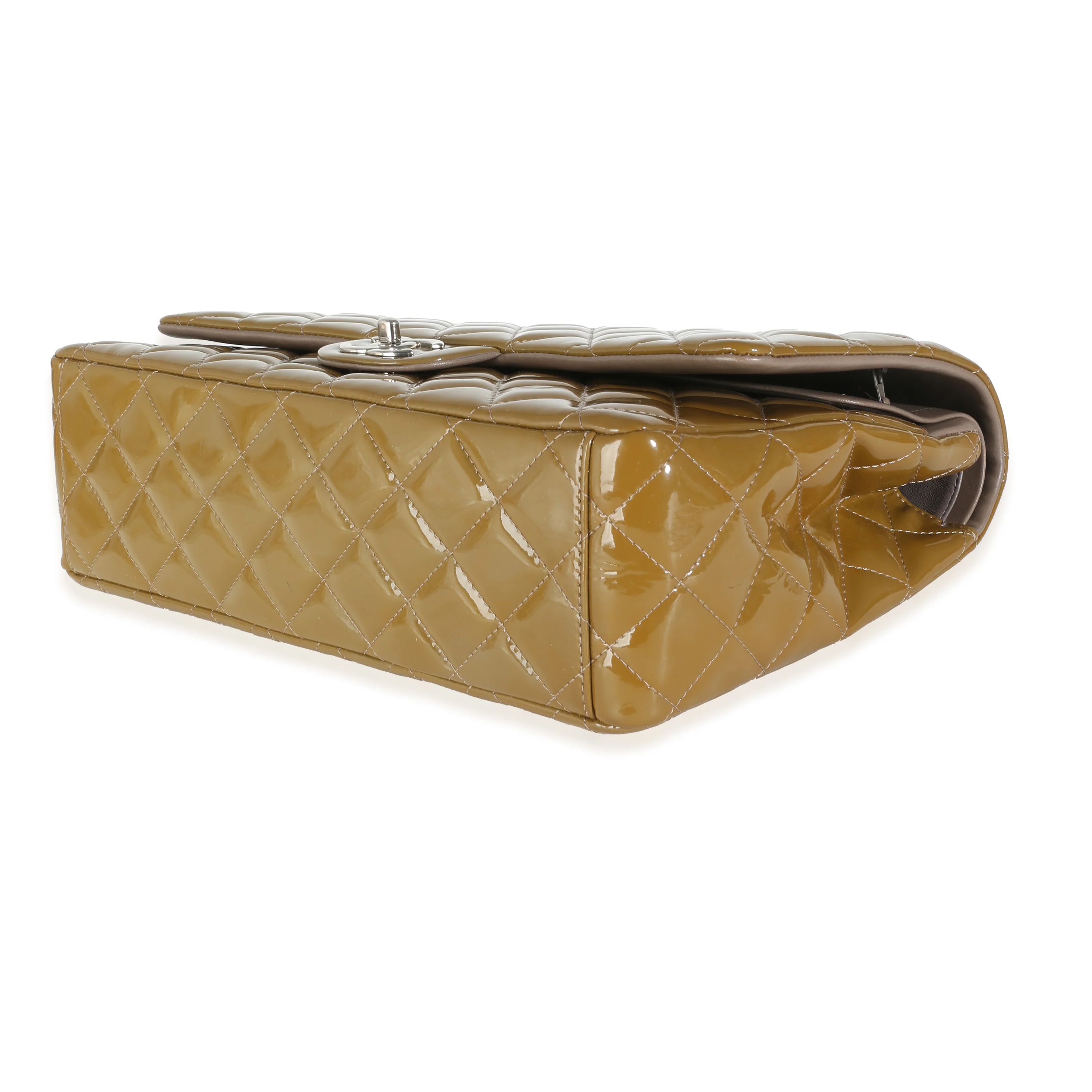 Khaki Quilted Patent Maxi Double Flap Bag - Image 7
