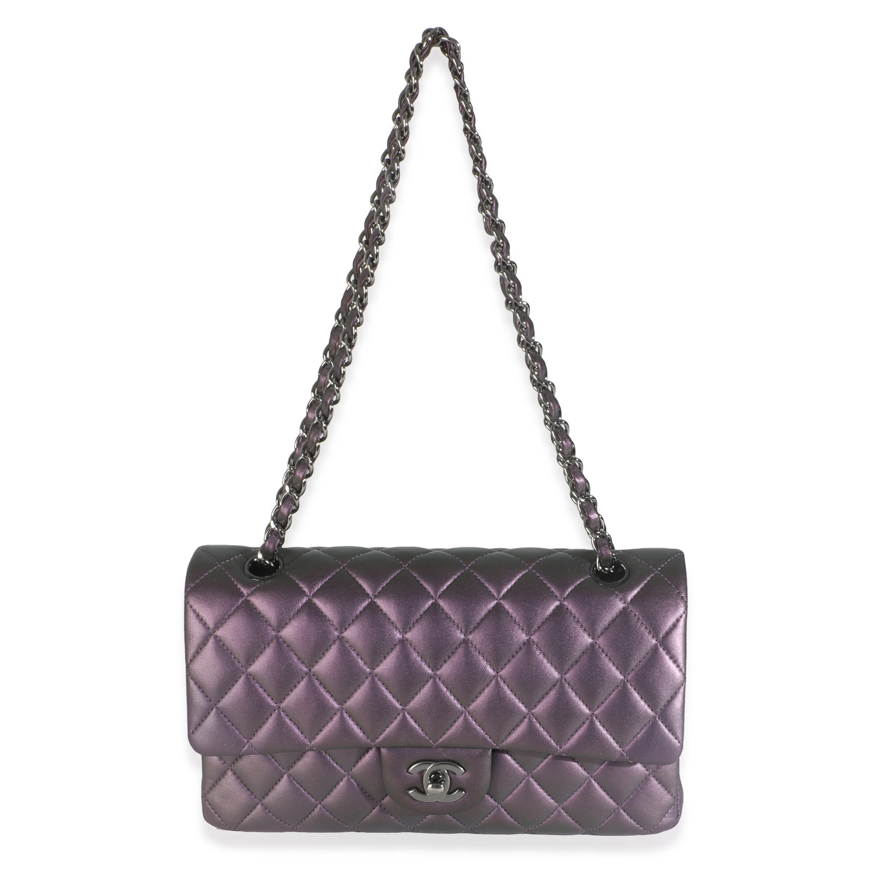 Purple Quilted Iridescent Lambskin Medium Classic Double Flap Bag - Image 8