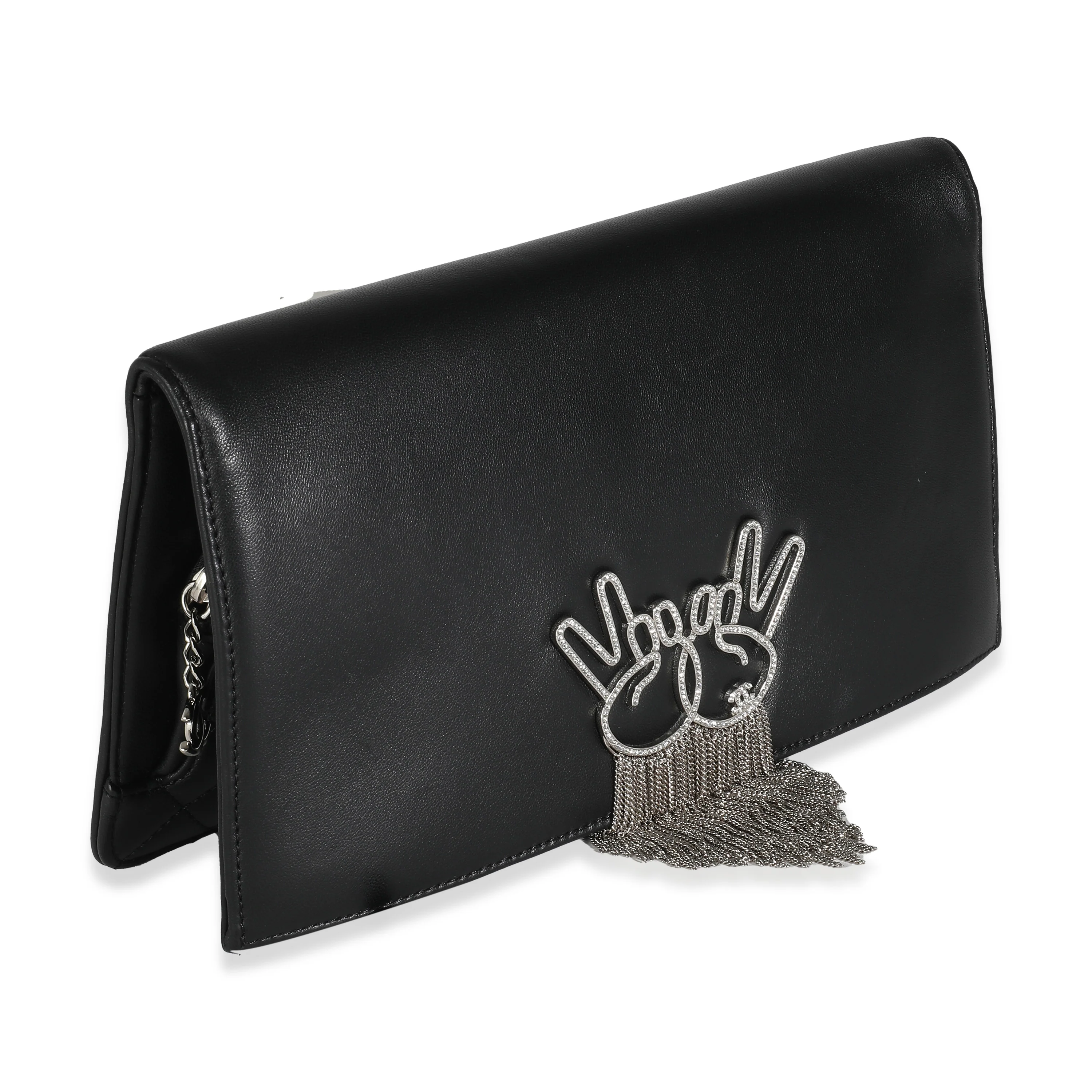 Black Lambskin Crystal Peace Sign Emoji Fold Over Clutch - Image 3