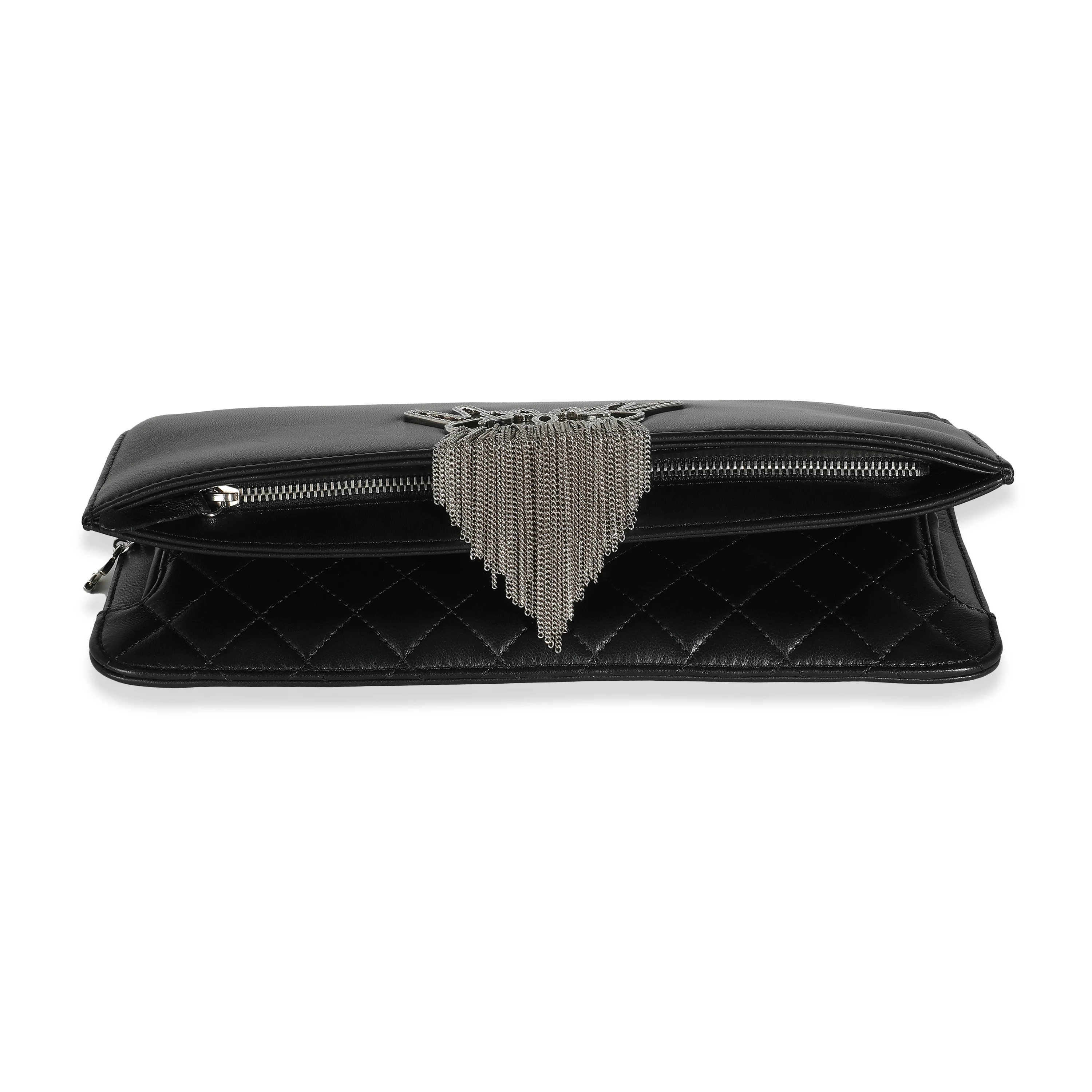 Black Lambskin Crystal Peace Sign Emoji Fold Over Clutch - Image 5