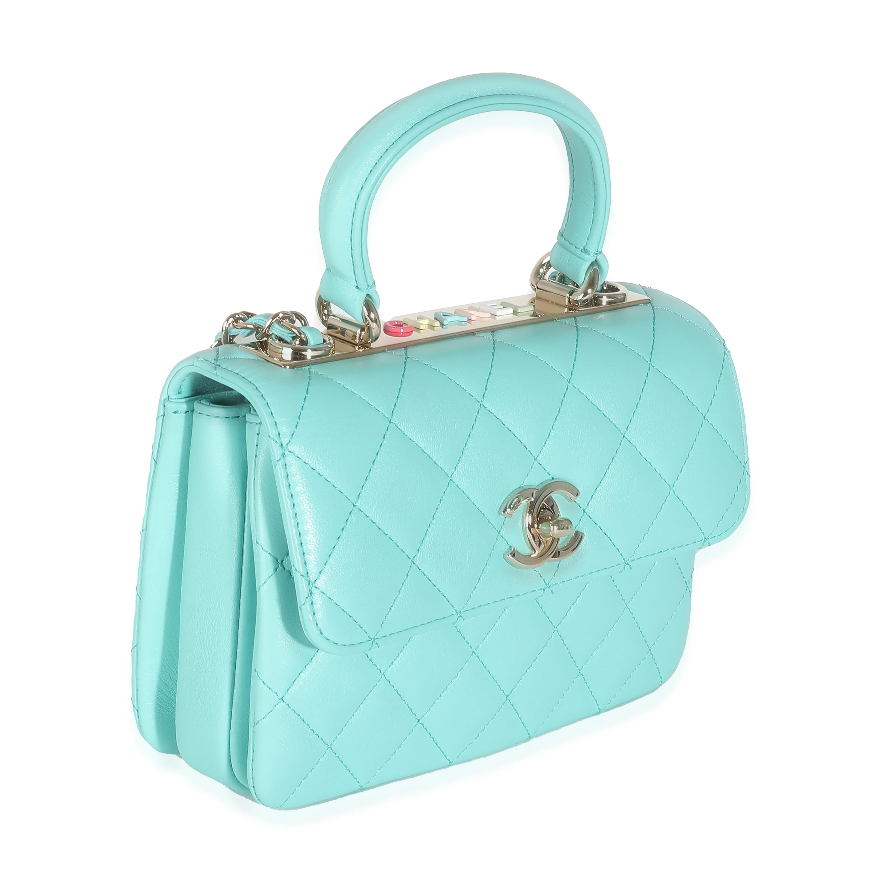 24C Turquoise Quilted Lambskin Mini Trendy Top Handle - Image 3