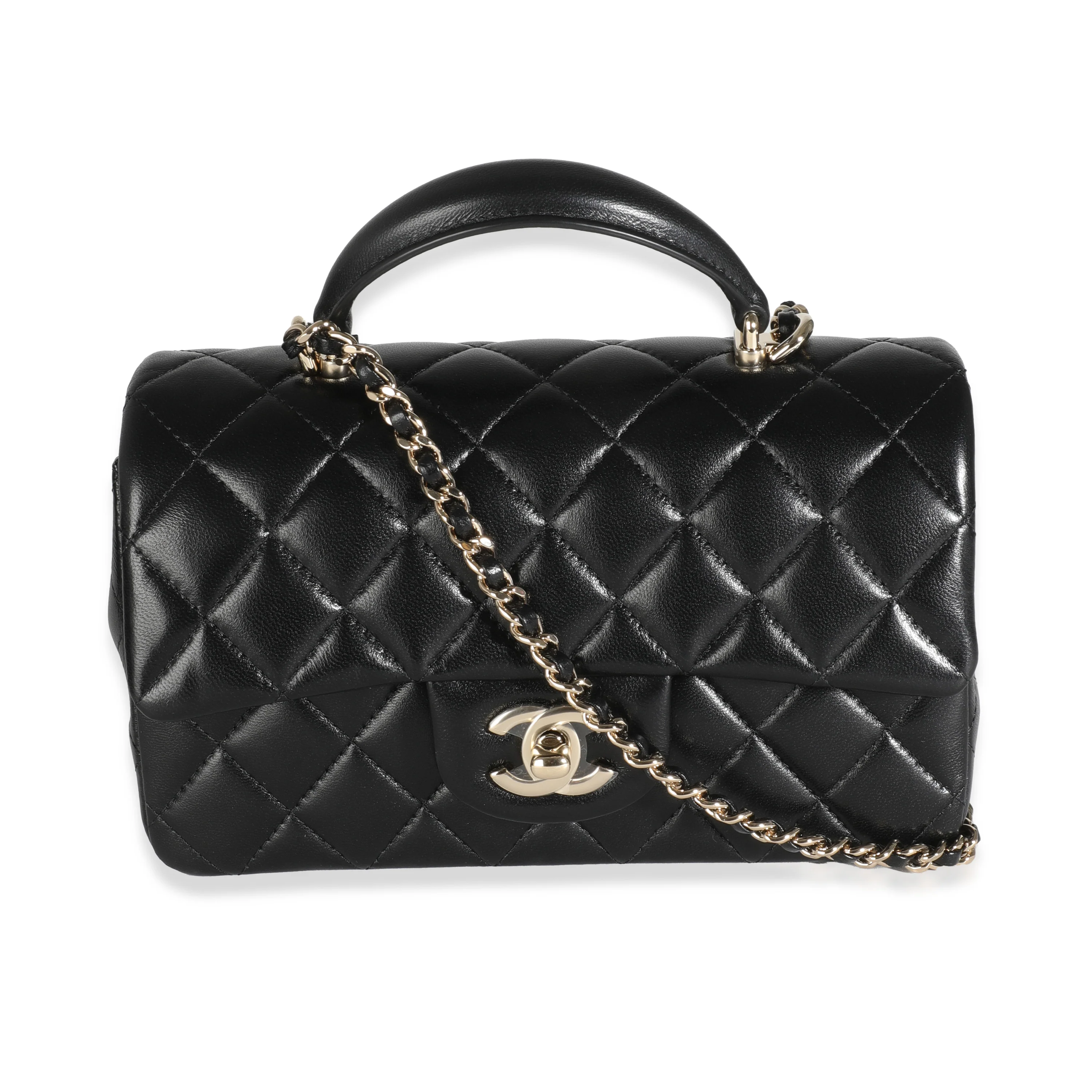 Black Quilted Lambskin Mini Rectangular Top Handle Flap Bag