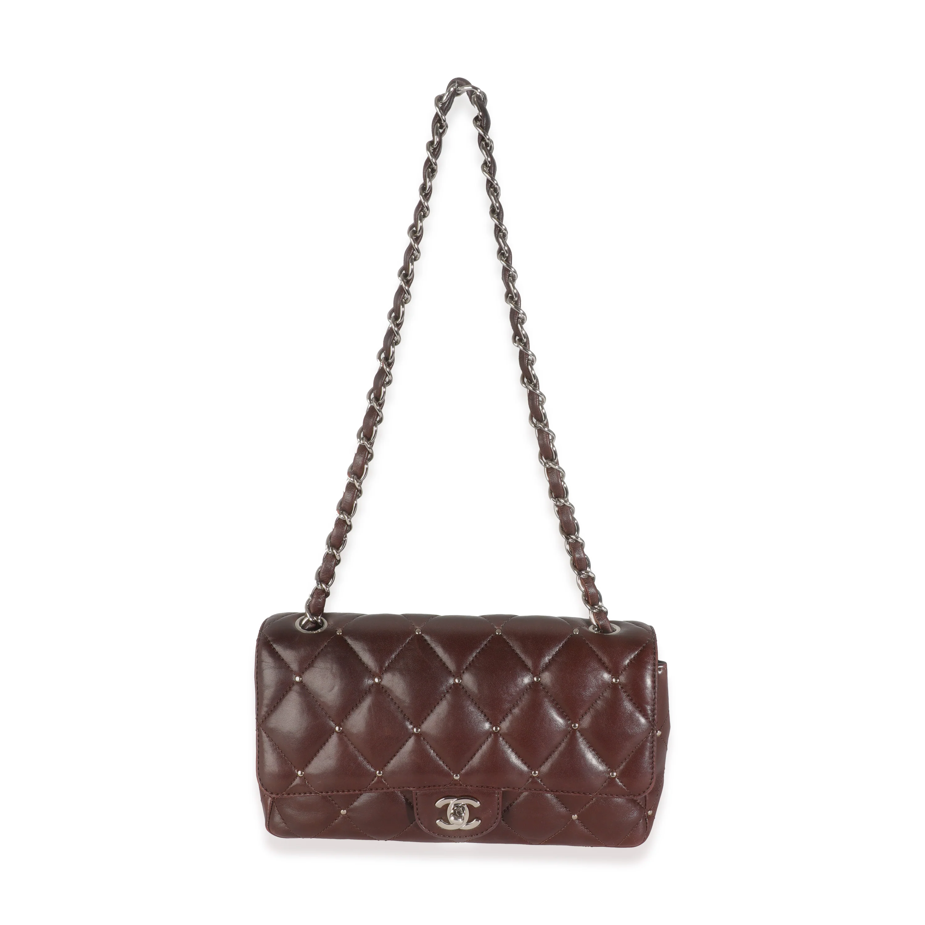 Brown Quilted Studded Lambskin Medium Single Flap Bag - Image 8
