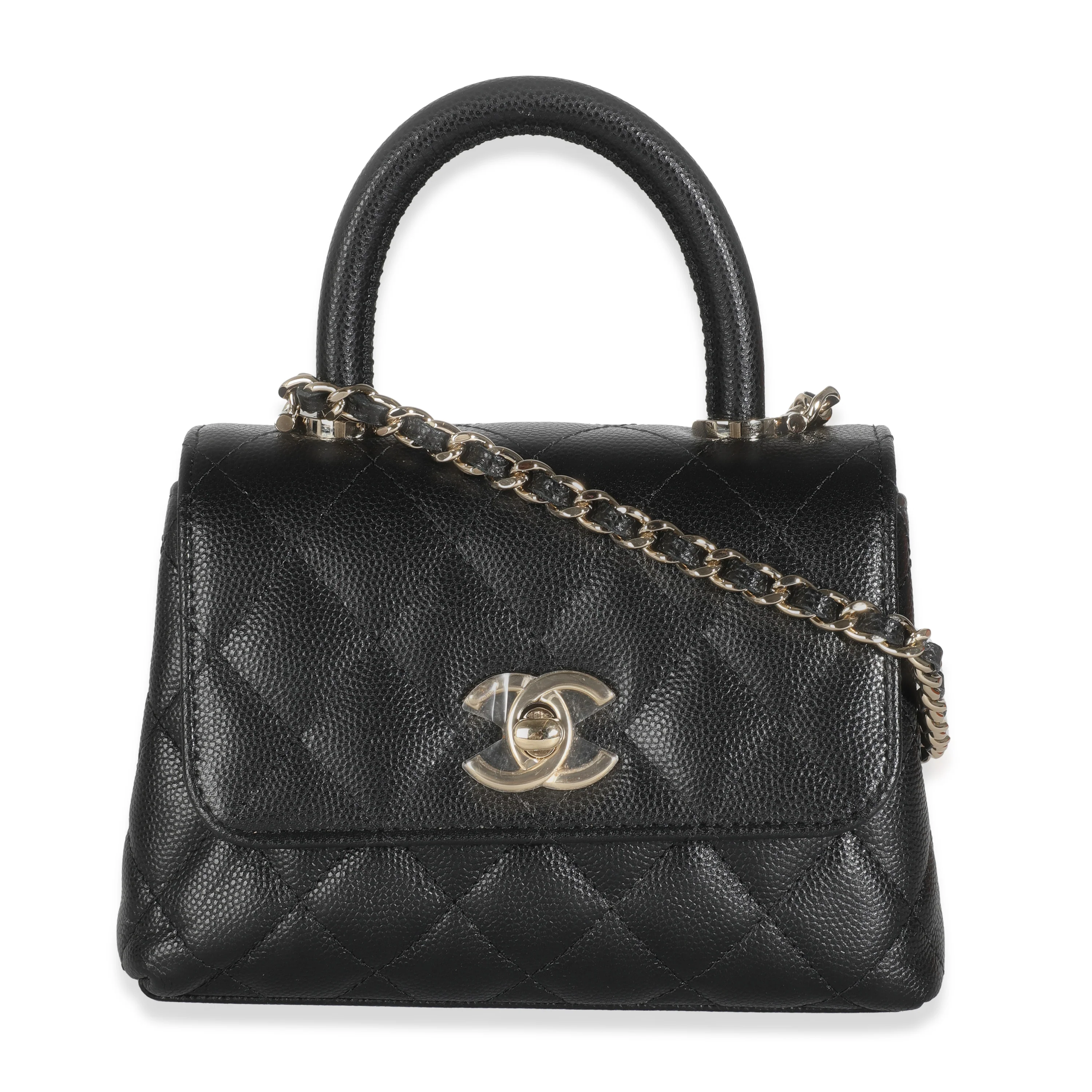 24K Black Quilted Caviar Extra Mini Coco Top Handle Handbag