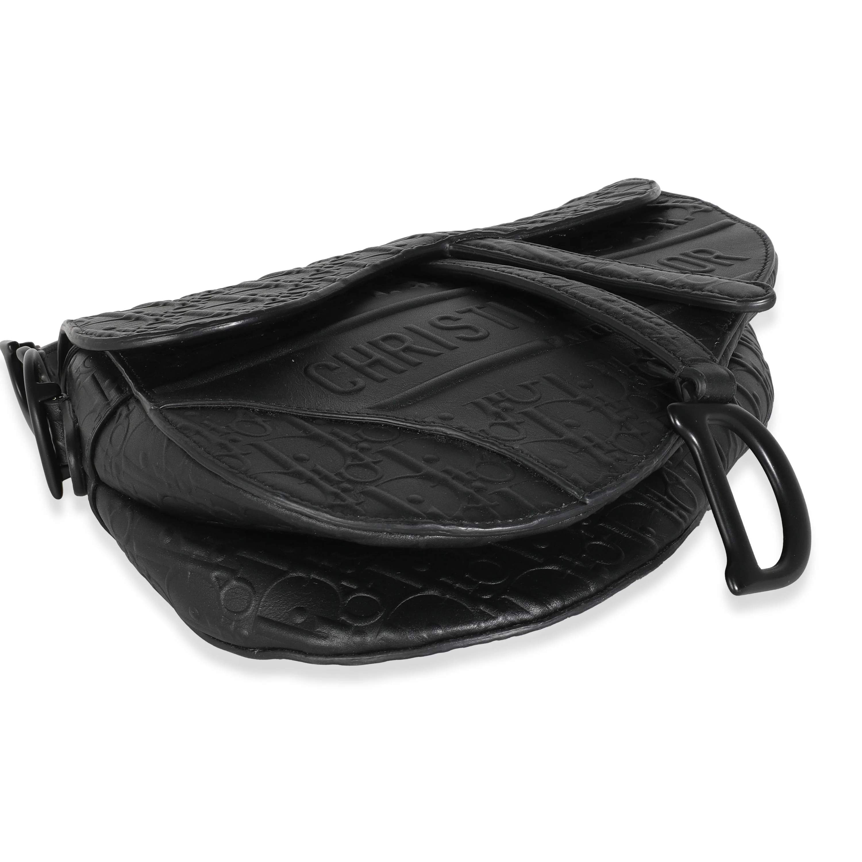 Black Oblique Embossed Calfskin Medium Saddle Bag - Image 6