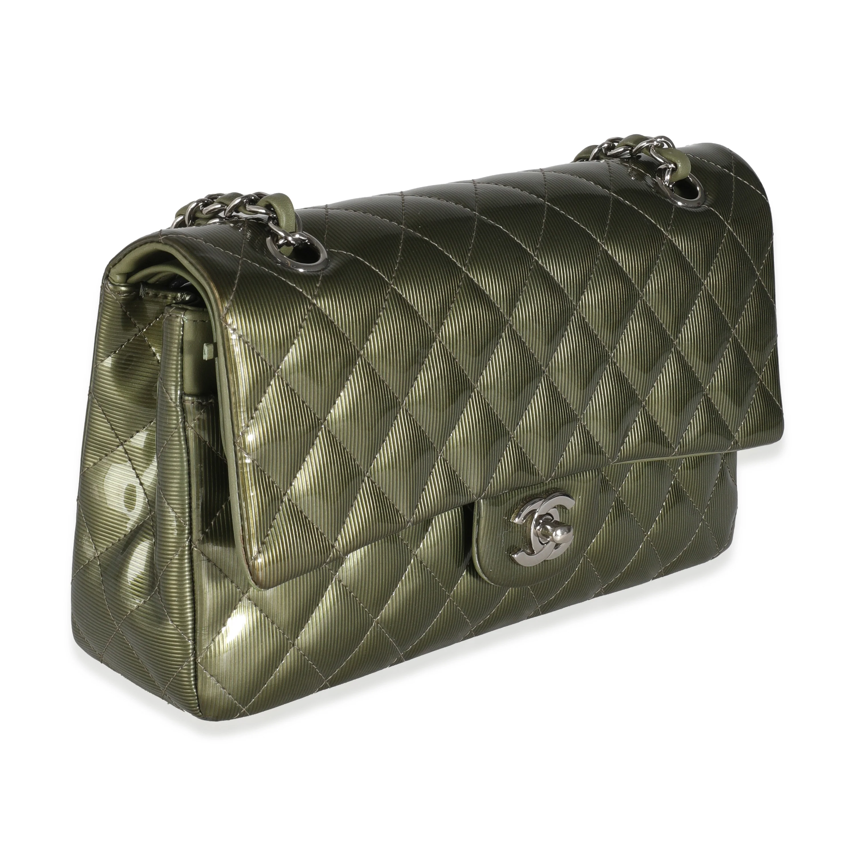 Green Striated Quilted Patent Medium Classic Double Flap Bag - Image 3