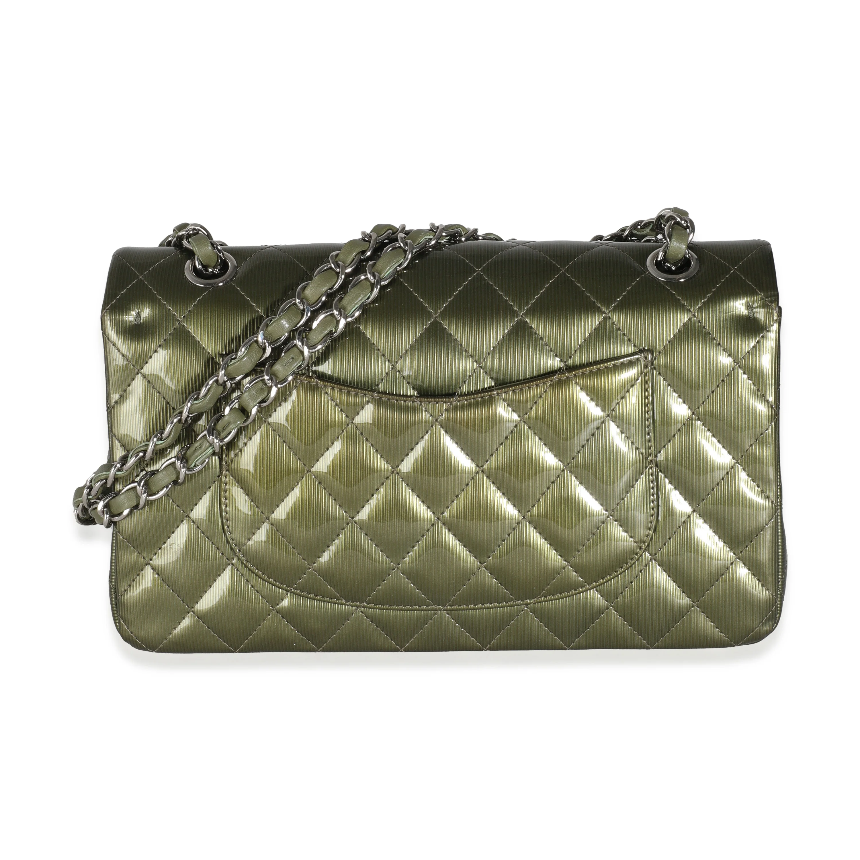 Green Striated Quilted Patent Medium Classic Double Flap Bag - Image 4