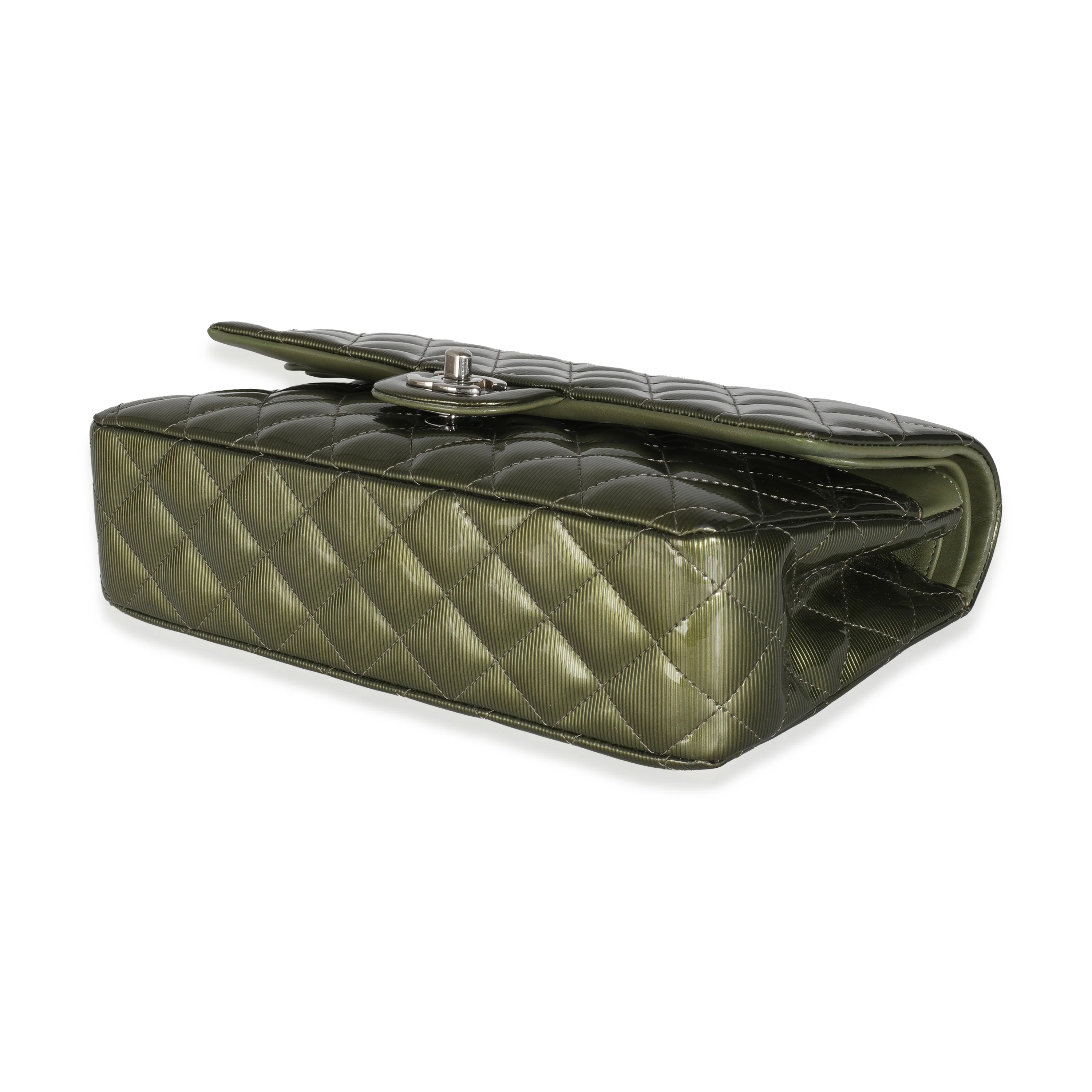 Green Striated Quilted Patent Medium Classic Double Flap Bag - Image 7