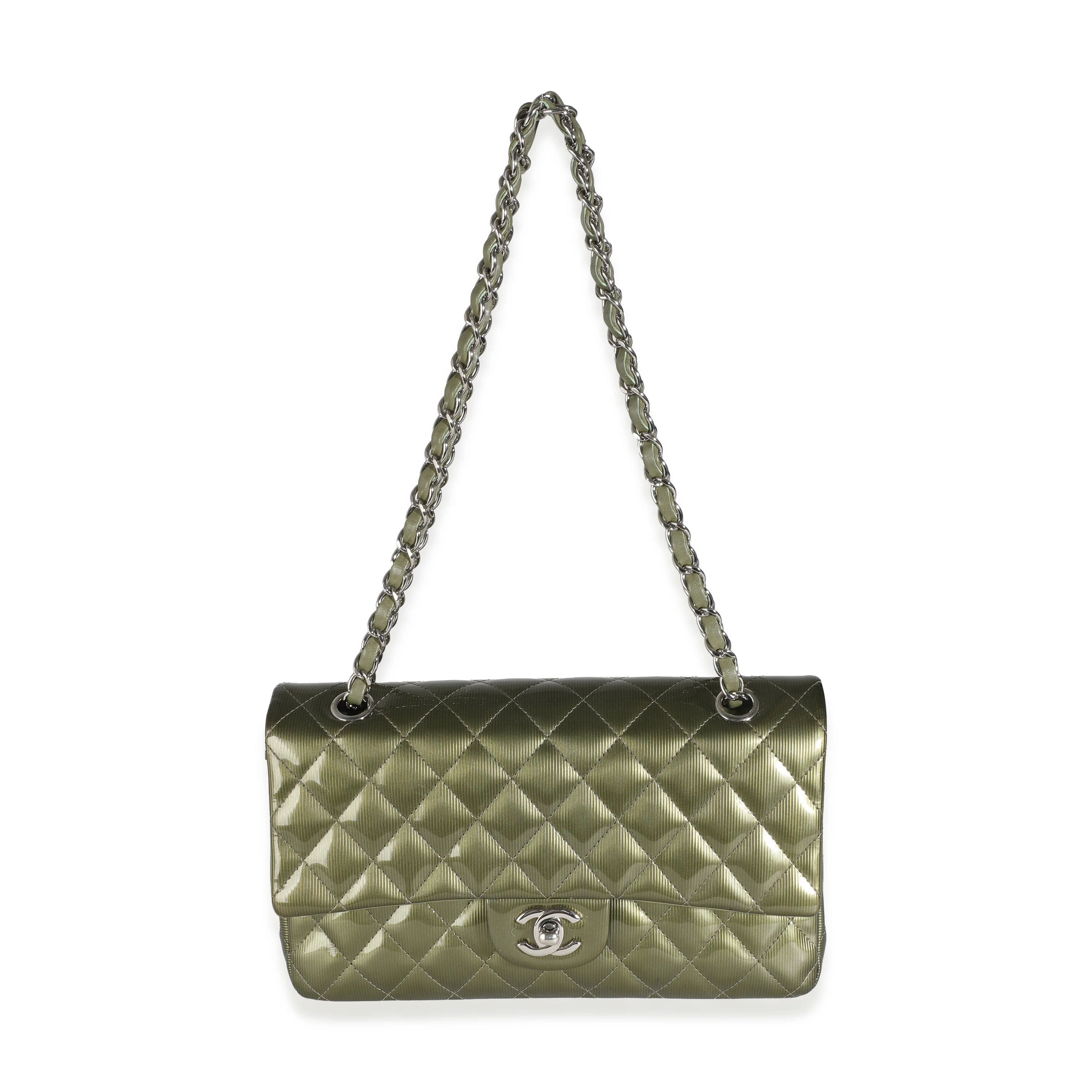Green Striated Quilted Patent Medium Classic Double Flap Bag - Image 8