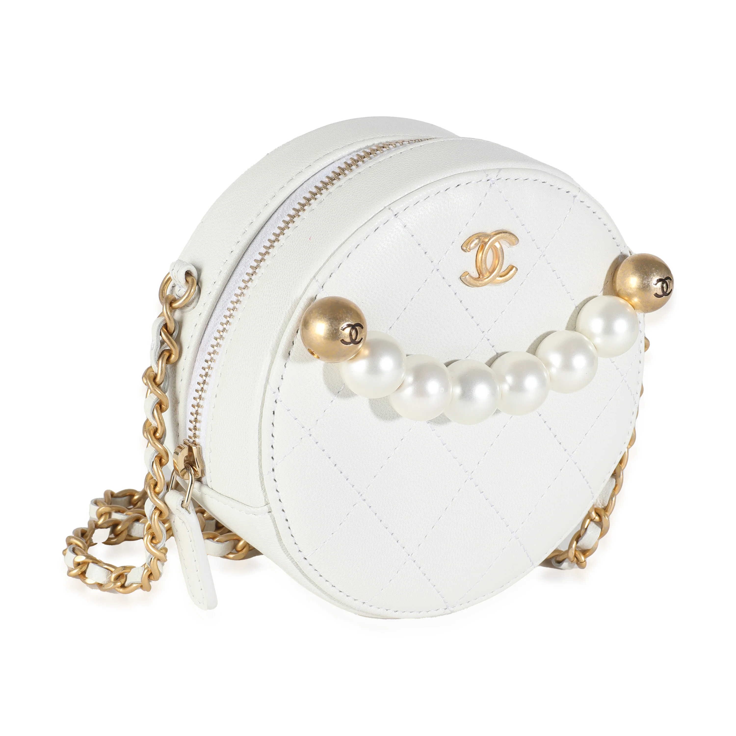 White Quilted Lambskin Pearl Round Clutch With Chain - Image 3