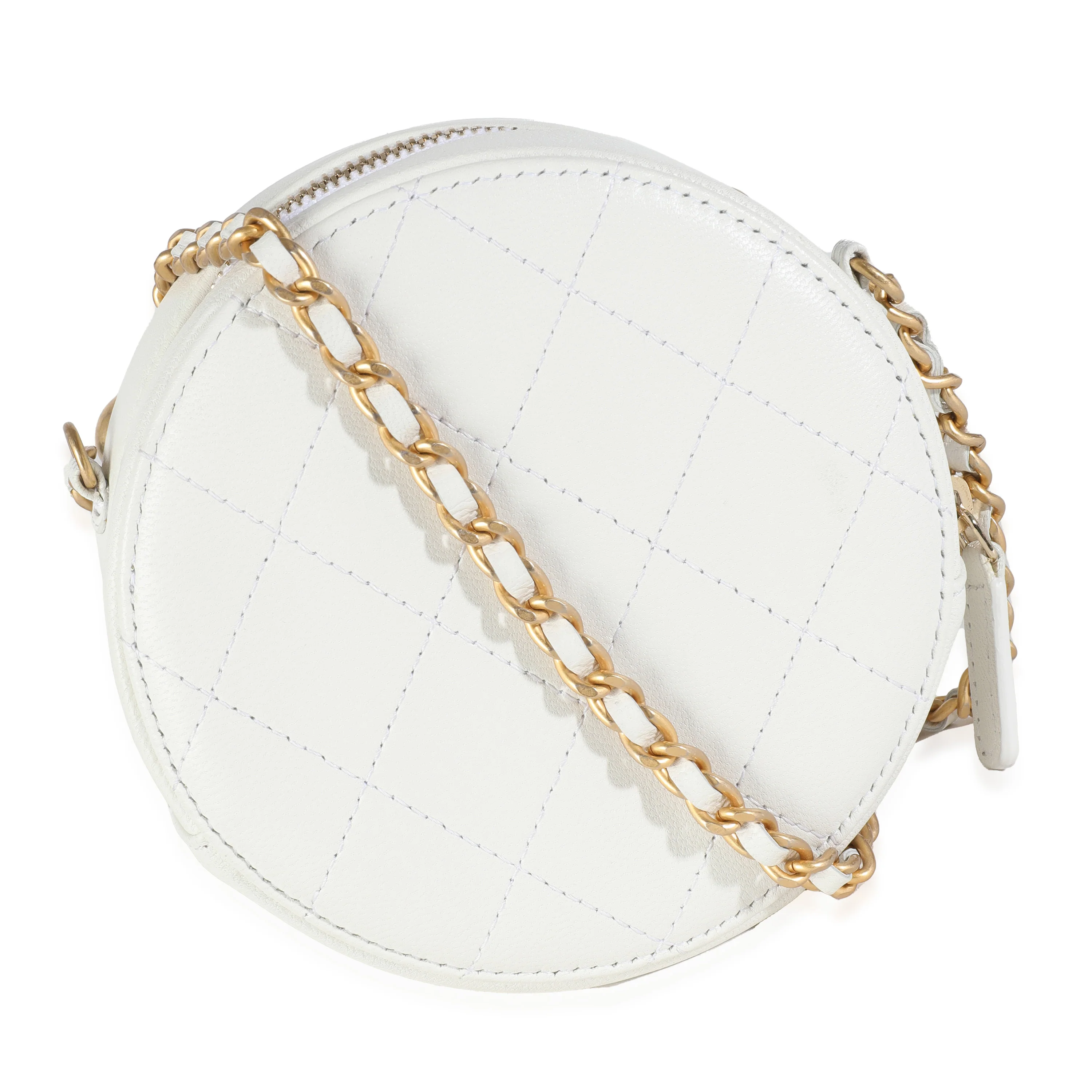 White Quilted Lambskin Pearl Round Clutch With Chain - Image 4
