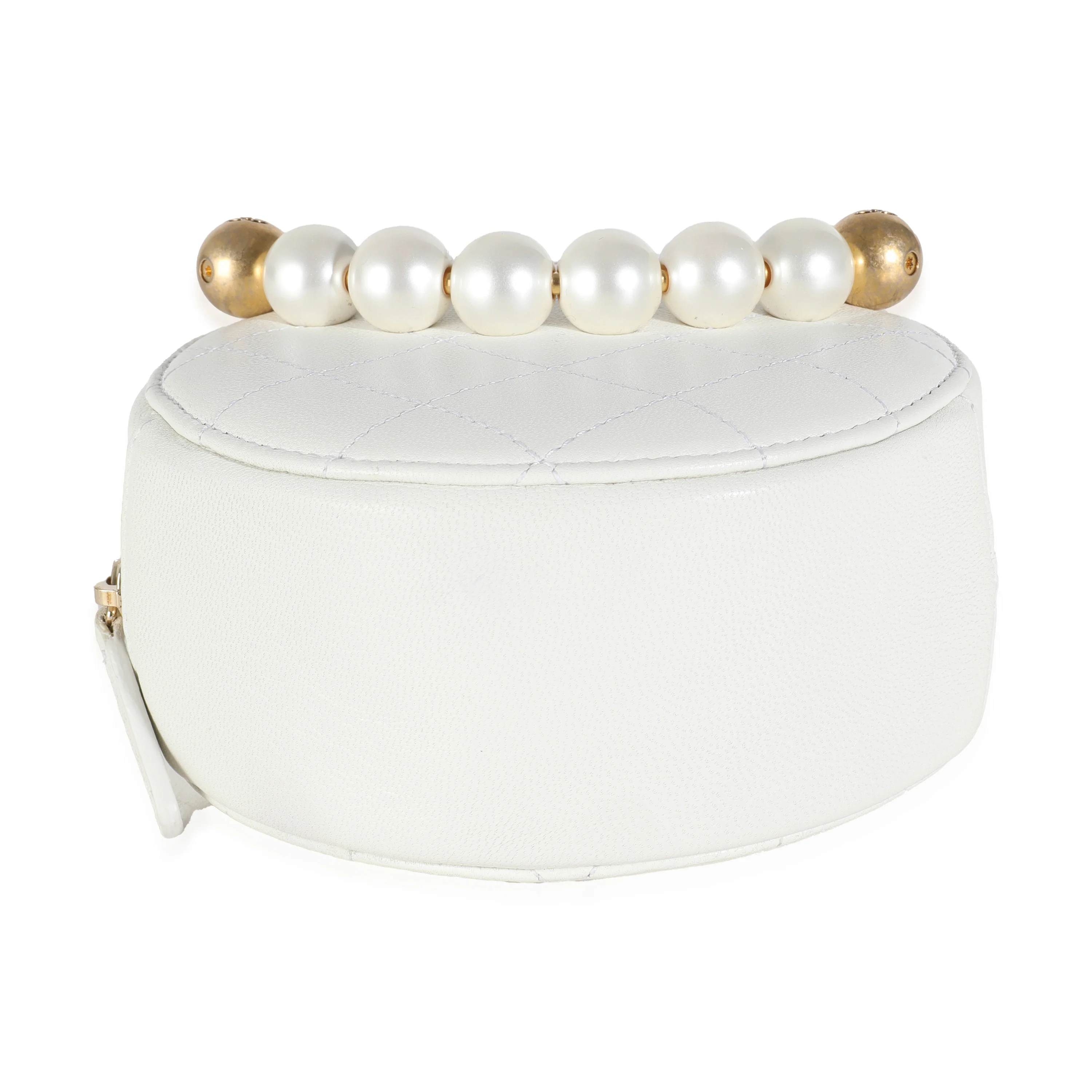 White Quilted Lambskin Pearl Round Clutch With Chain - Image 5