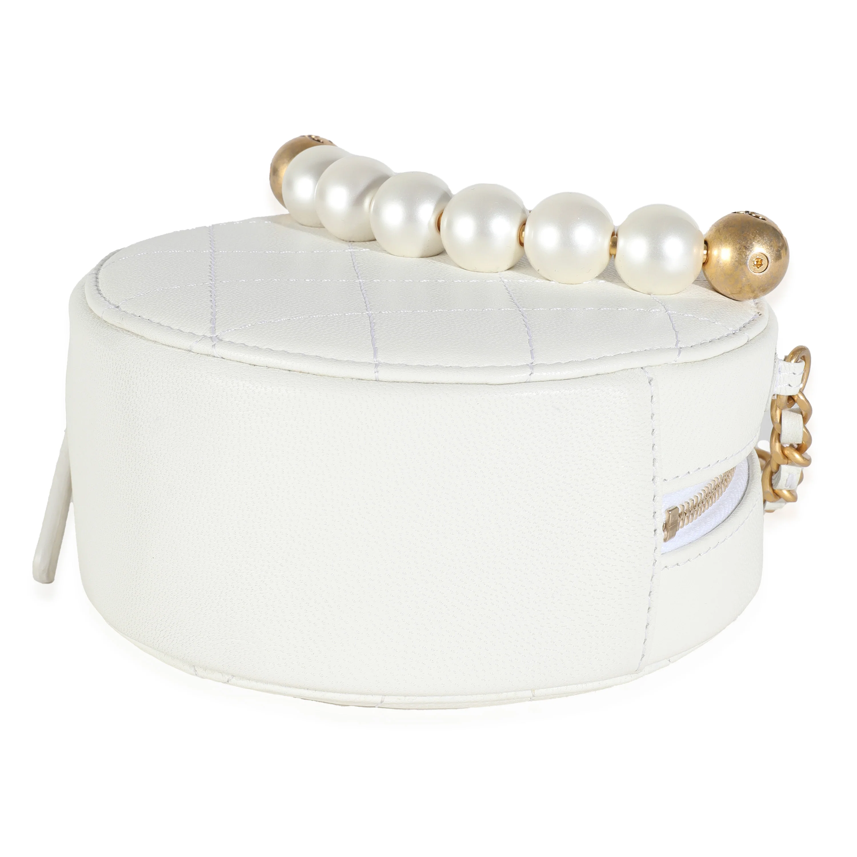 White Quilted Lambskin Pearl Round Clutch With Chain - Image 7